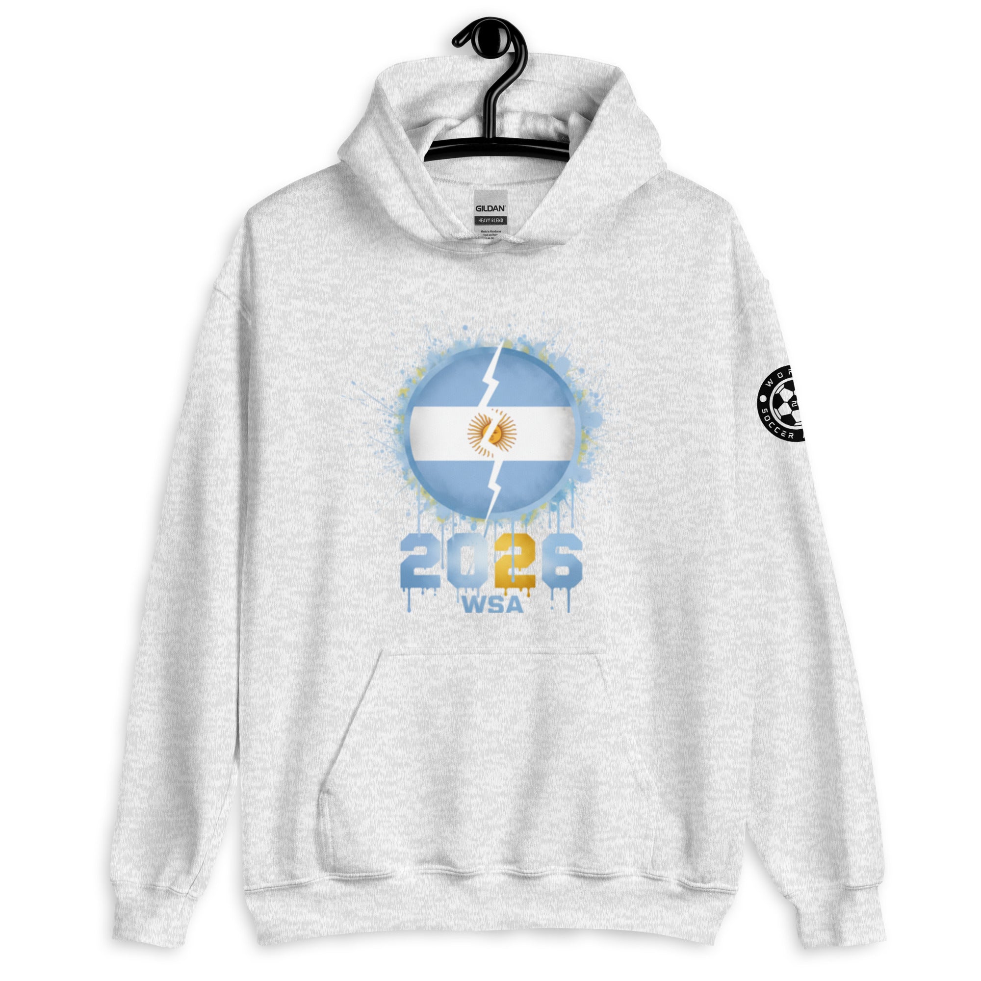 White hoodie with a graphic design on a white background