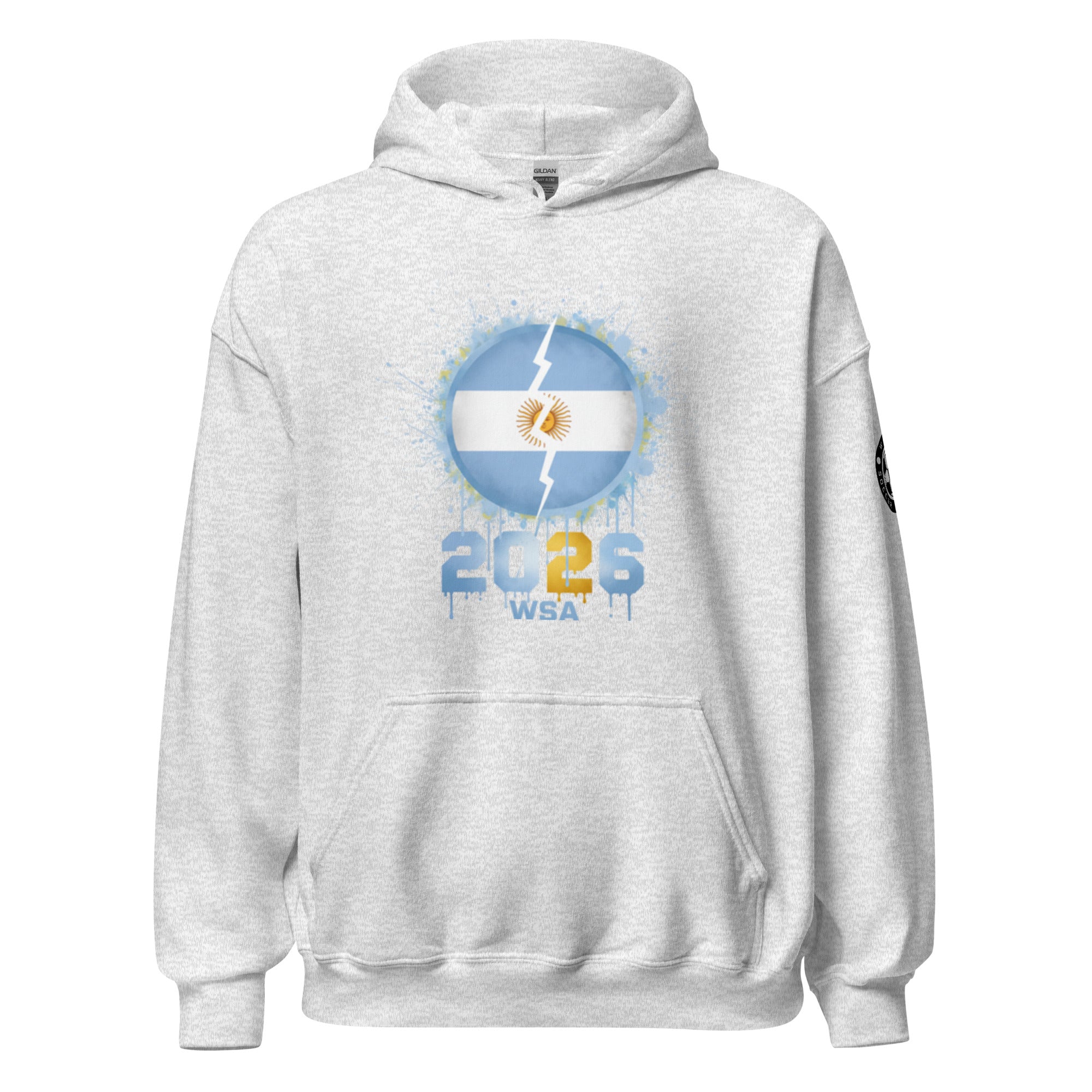 Gray hoodie with a graphic design on the chest against a white background