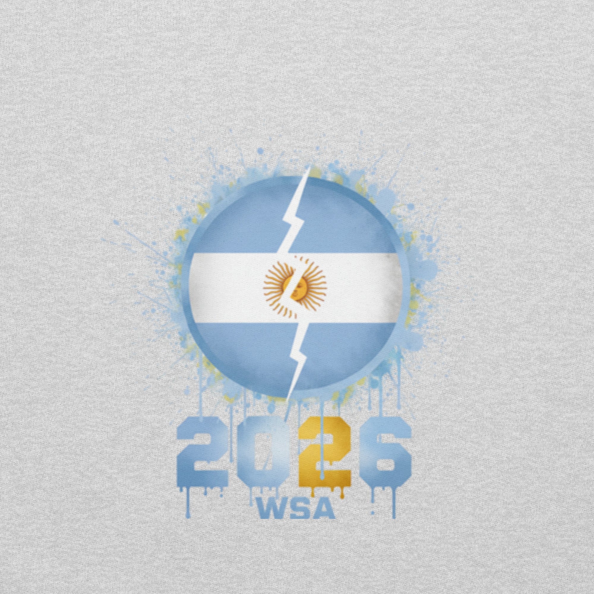 Argentine flag with a lightning bolt design on a textured gray background, featuring '2026 WSA' text.