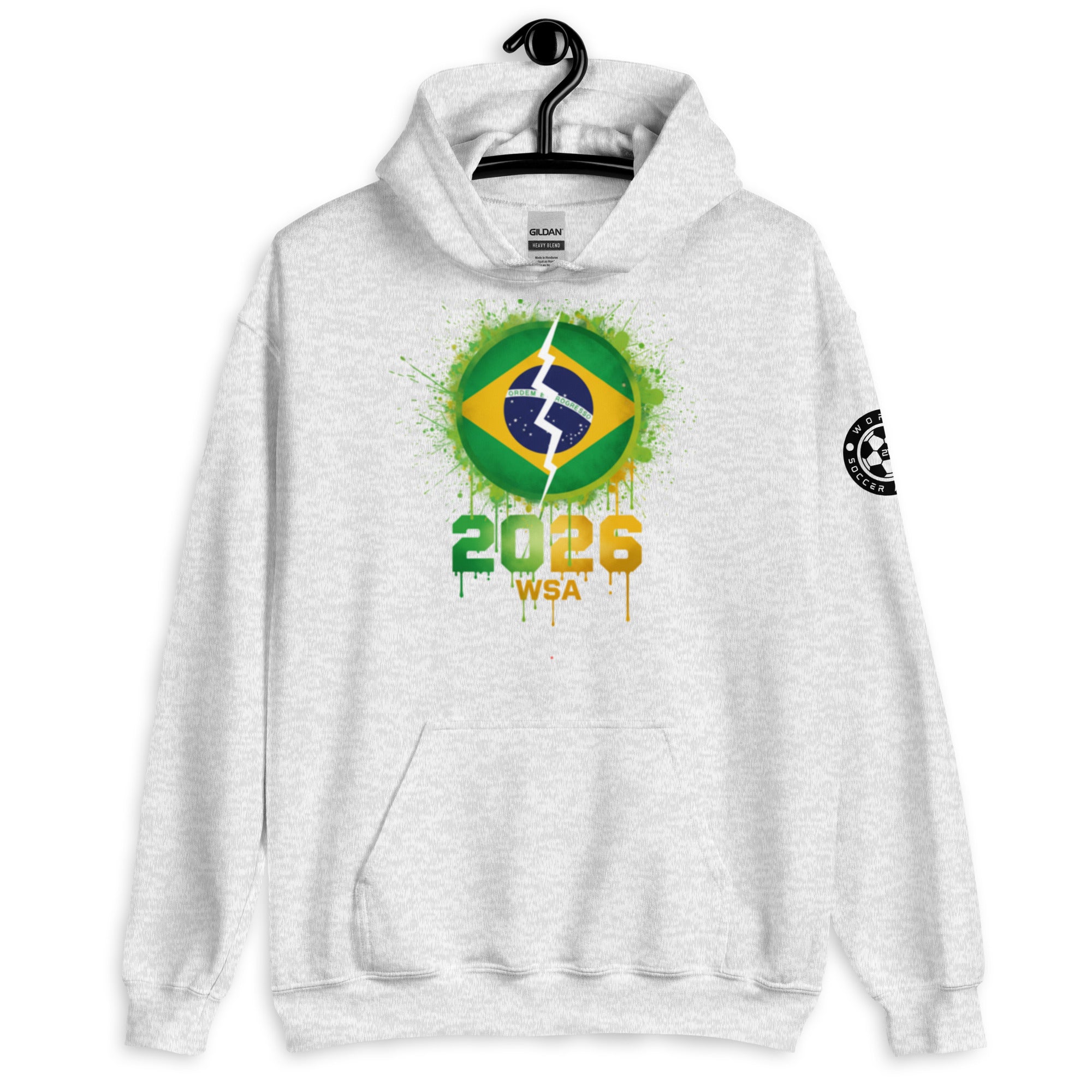 White hoodie with Brazilian flag design and '2026 WSA' text on a white background