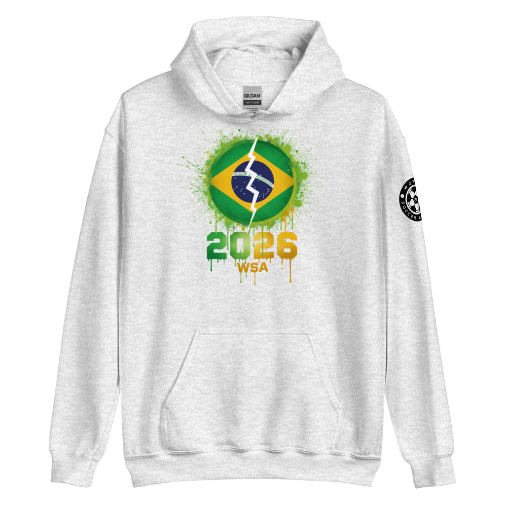 White hoodie with Brazilian flag design and '2026 WSA' text on a white background