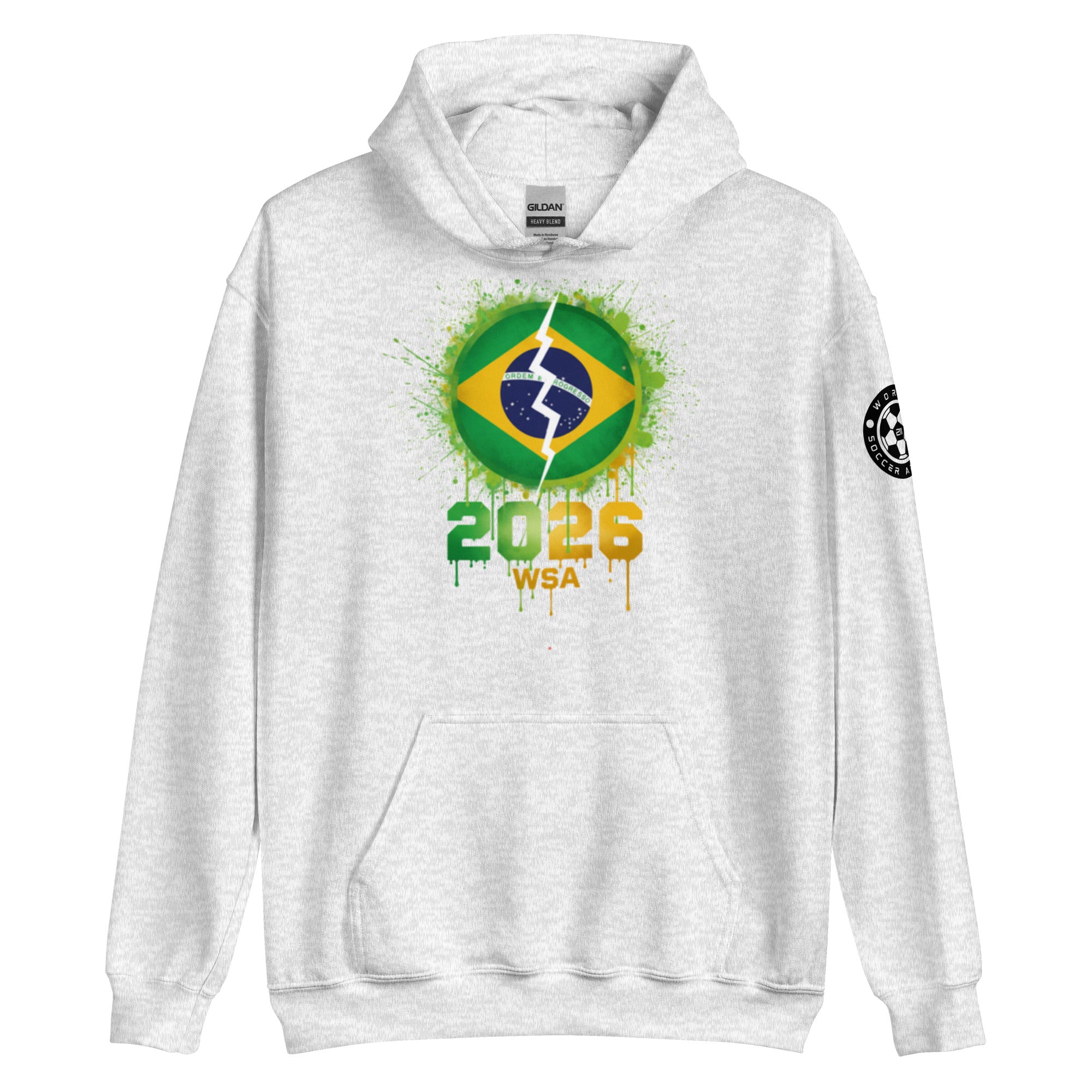 White hoodie with Brazilian flag design and '2026 WSA' text on a white background