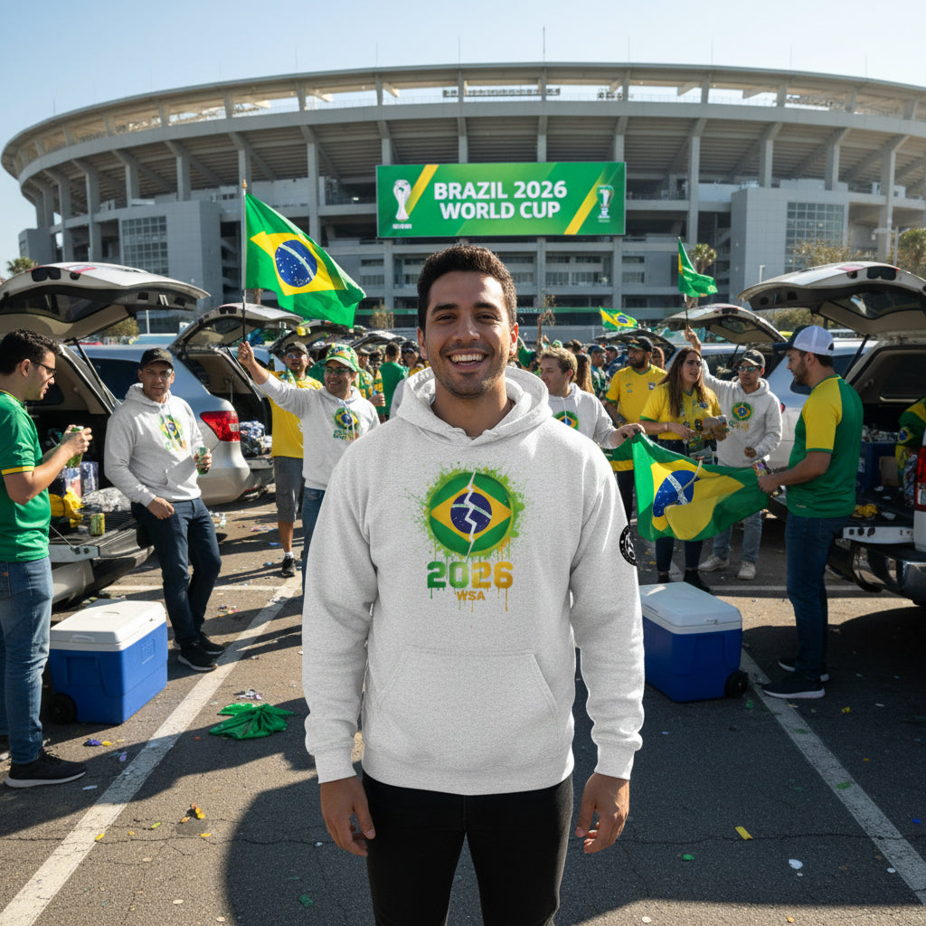 White hoodie with Brazilian flag design and '2026 WSA' text on a white background