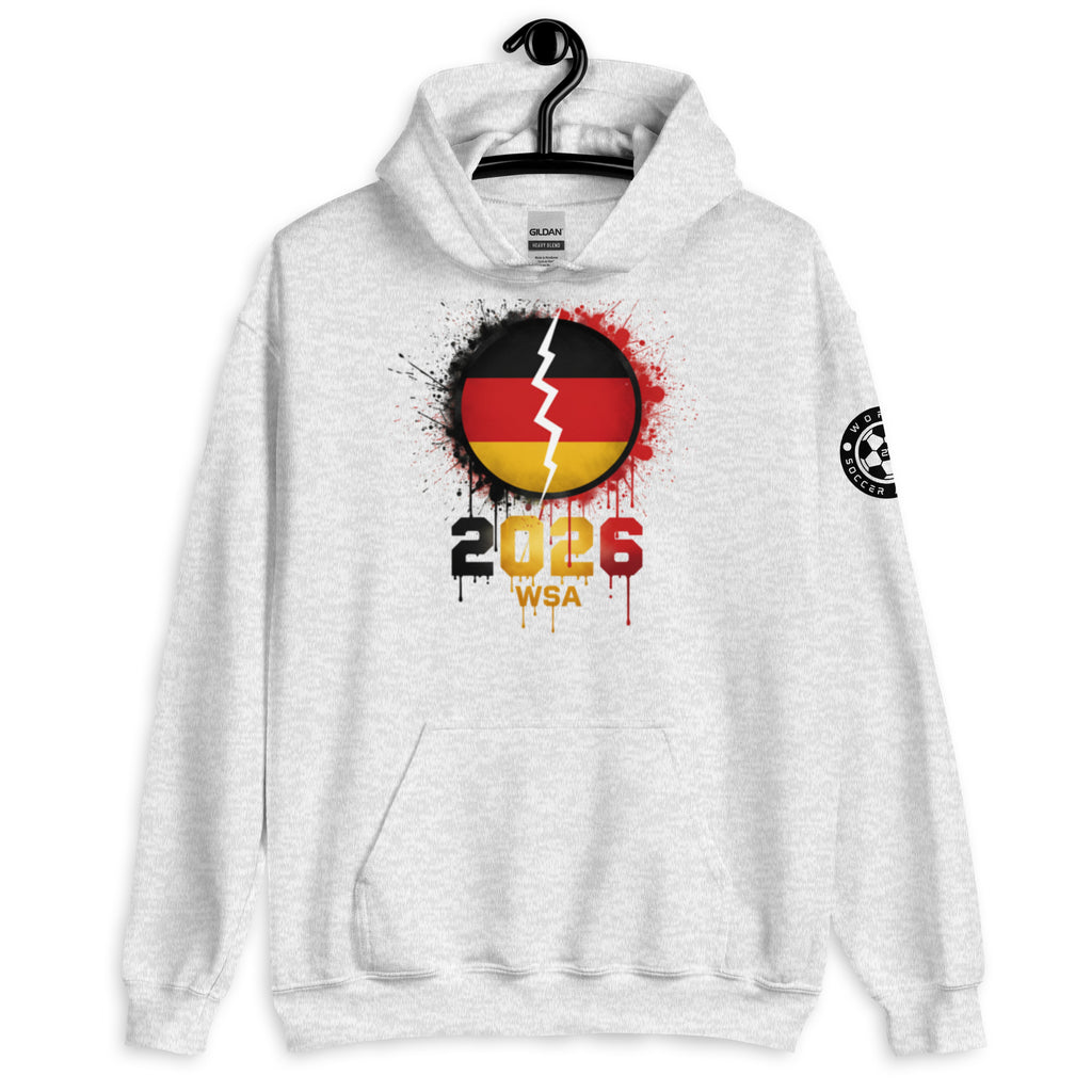 White hoodie with German flag design and '2026 WSA' text on a white background