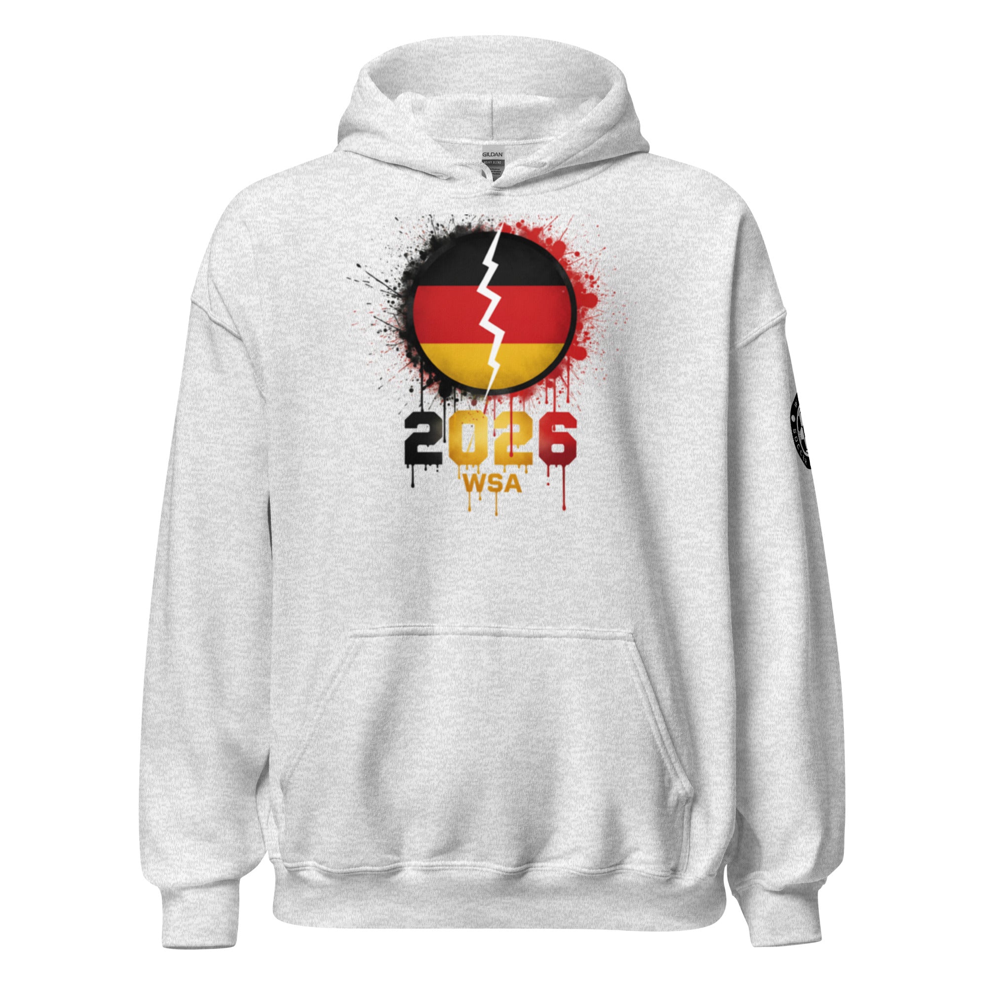 White hoodie with German flag design and '2026 WSA' text on a white background