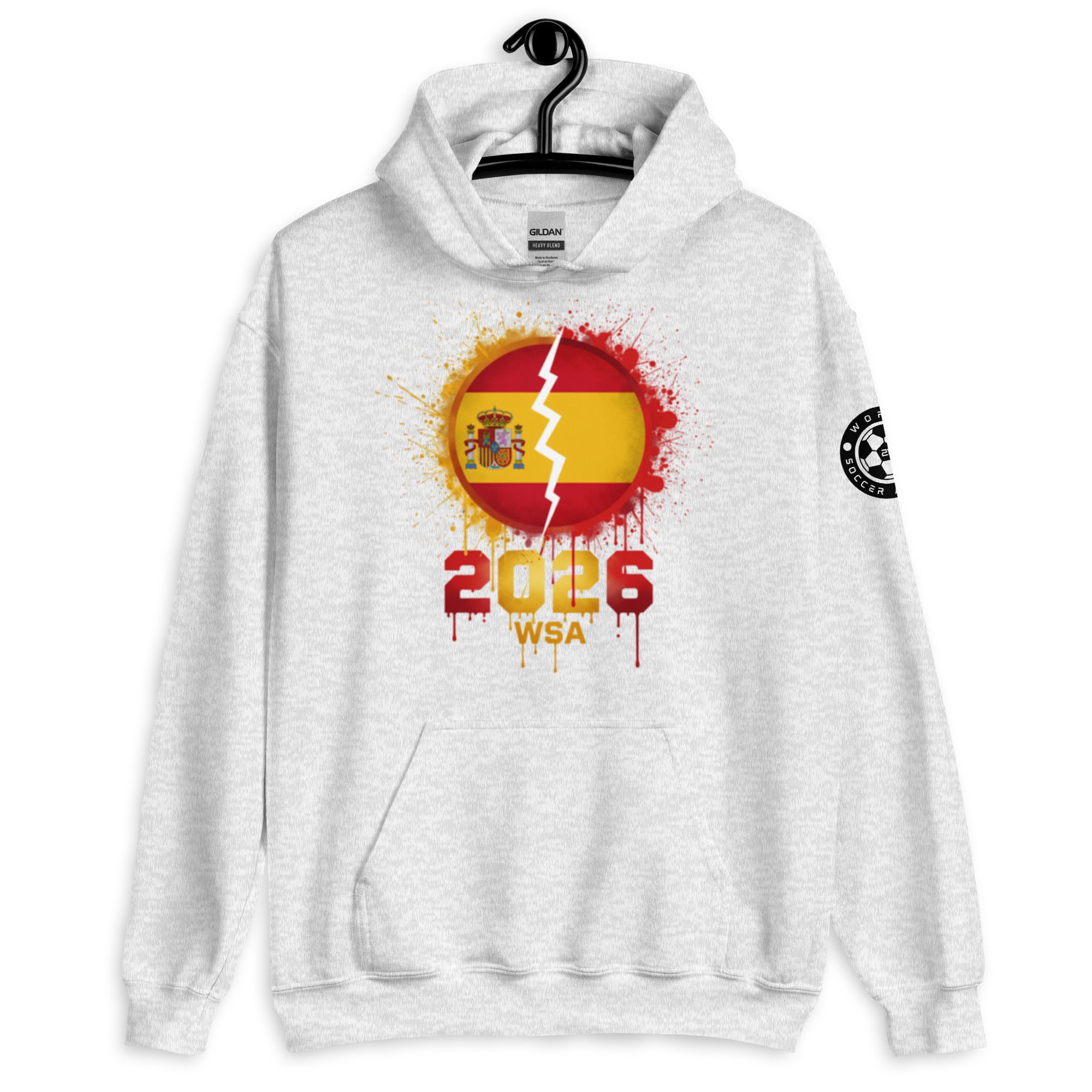 White hoodie with a graphic design on a white background