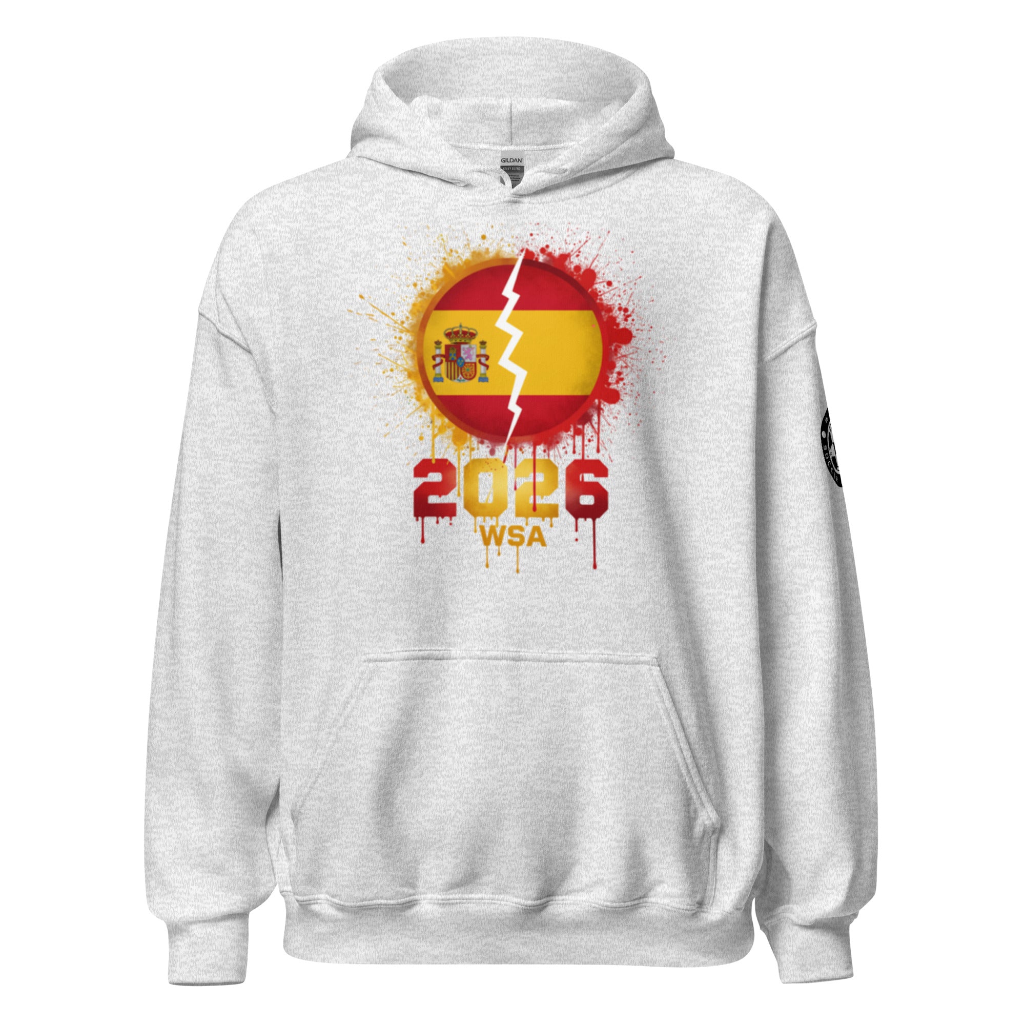White hoodie with a graphic design featuring a flag and '2026 WSA' text on a white background
