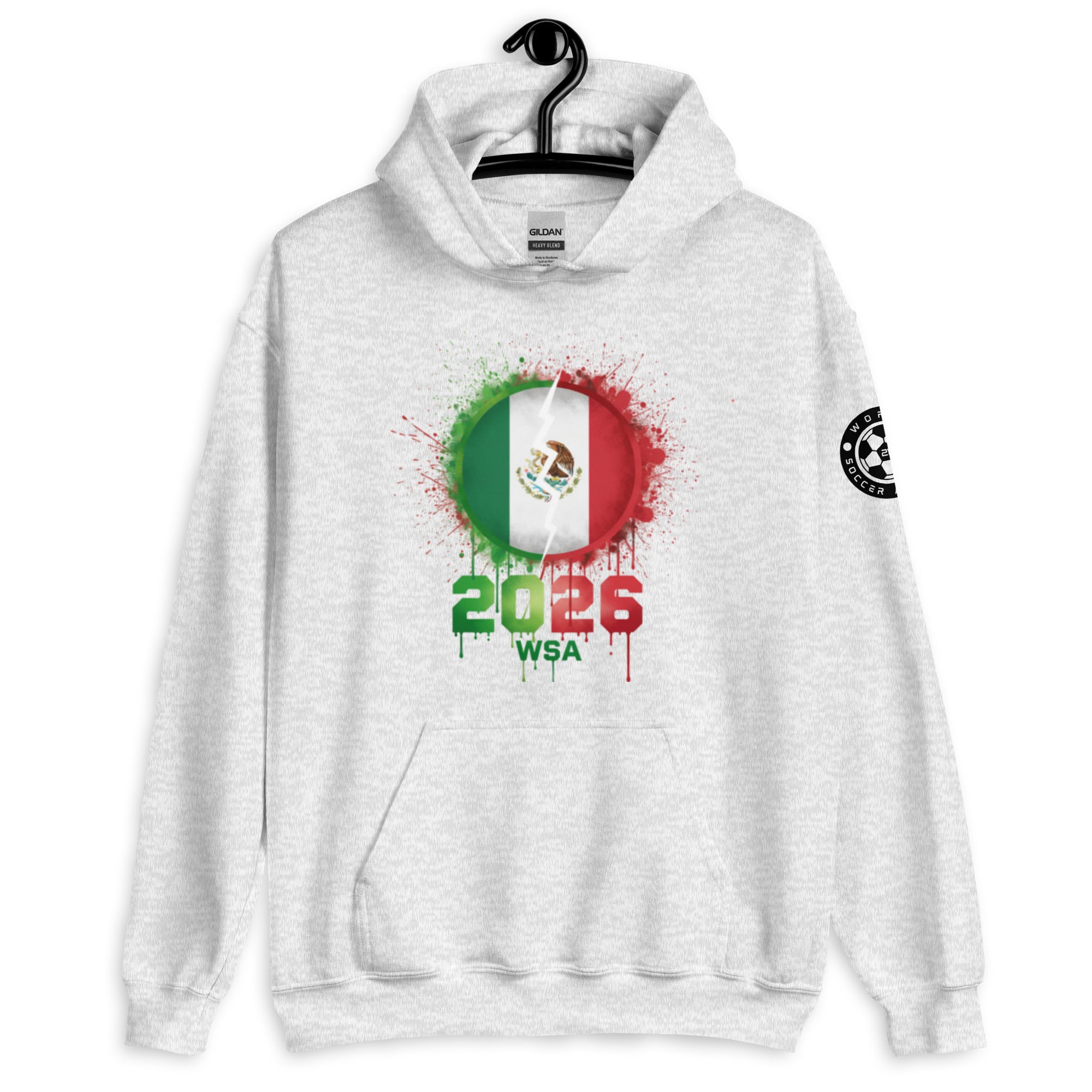 White hoodie with Mexican flag design and '2026 WSA' text on a white background