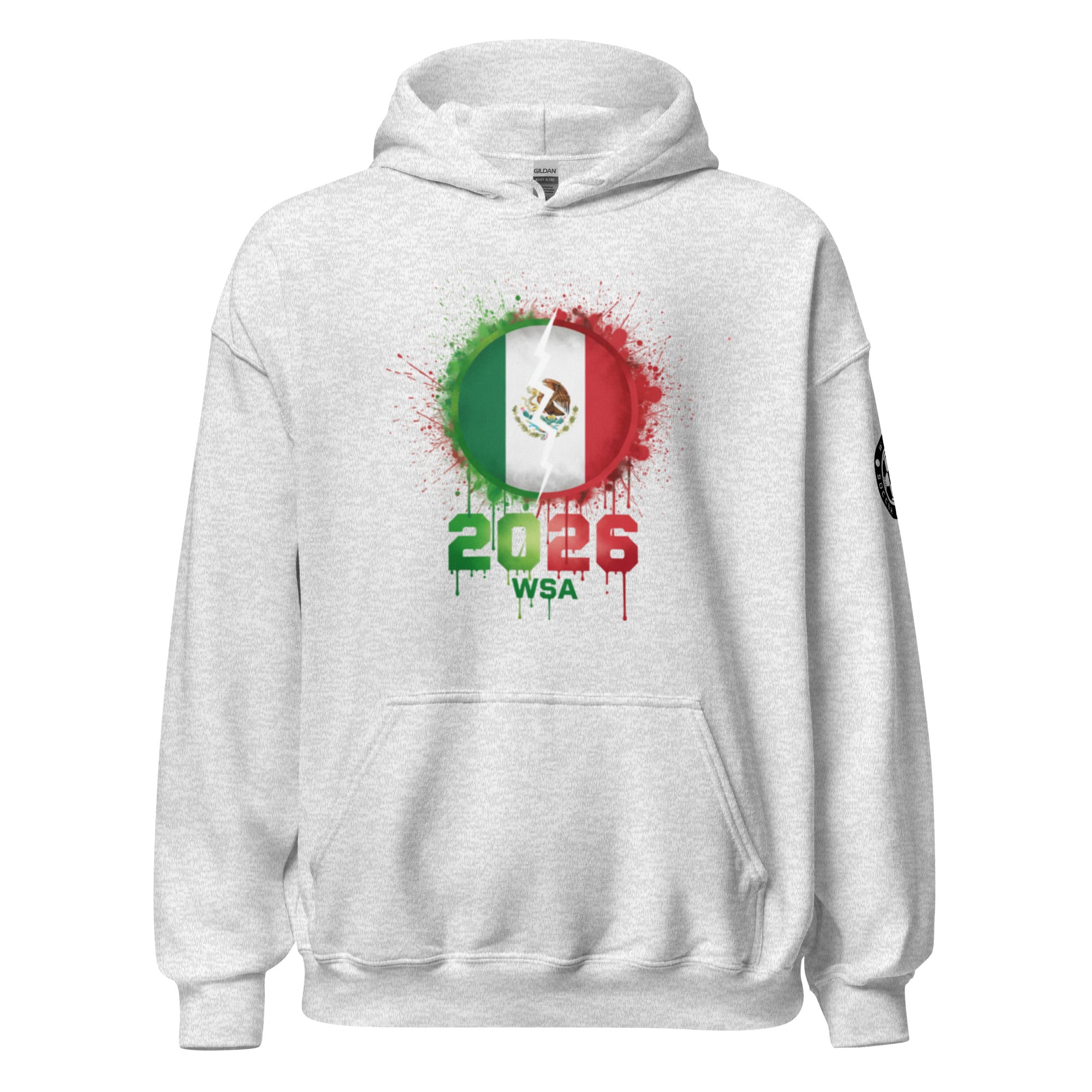 Gray hoodie with Mexican flag design and '2026 WSA' text on a white background
