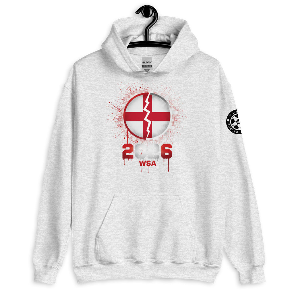White hoodie with a red and black design on a white background