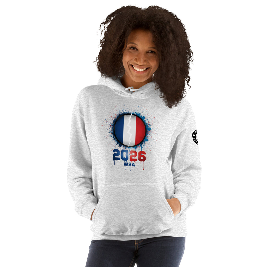 Person wearing a gray hoodie with a design featuring France's flag and '2026 WSA' text on a white background