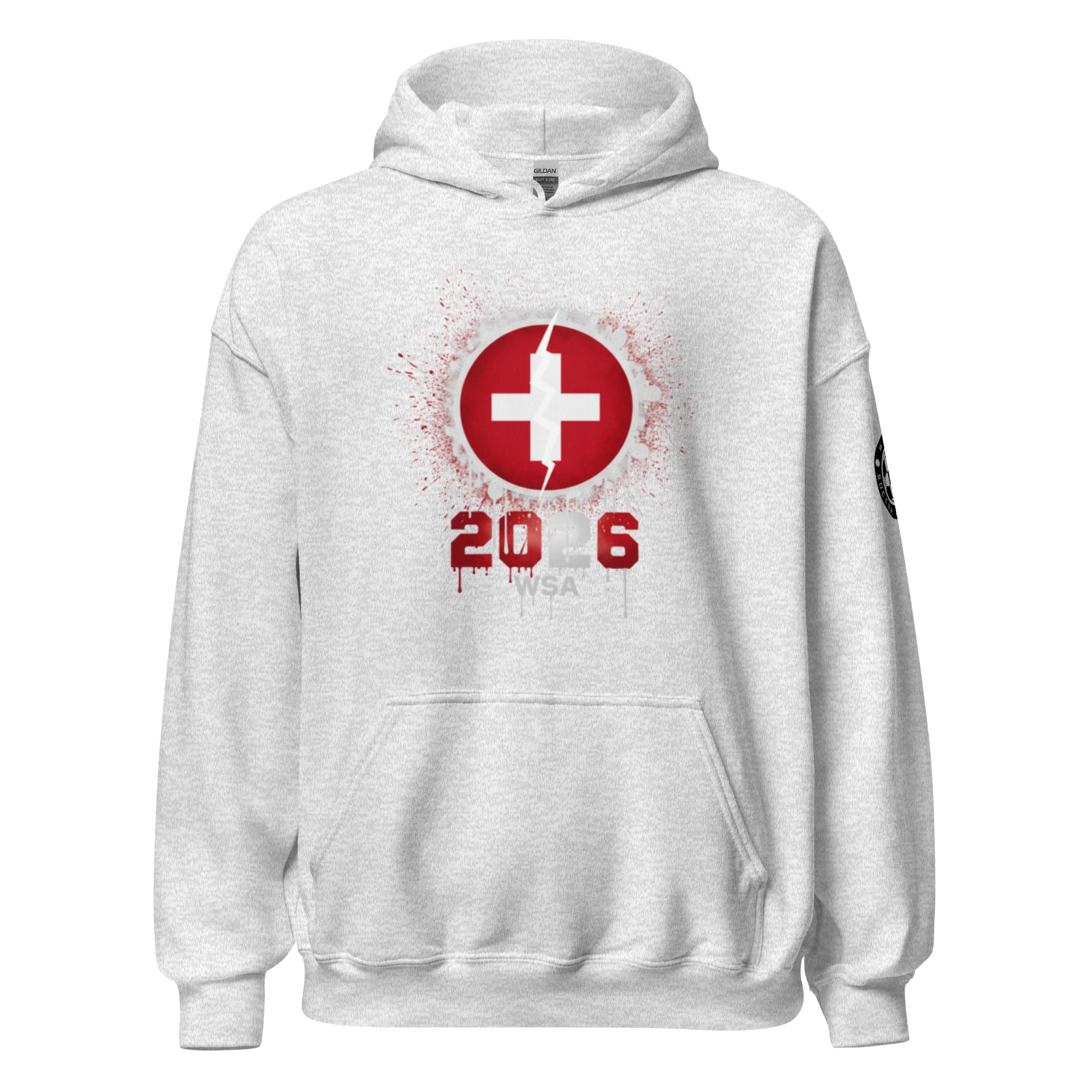 Gray hoodie with a red and white logo on a white background