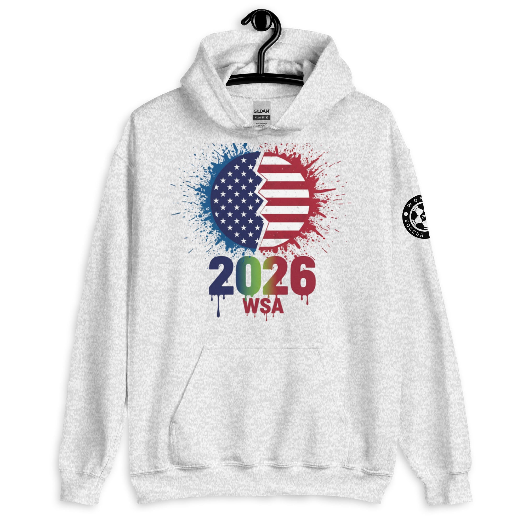 White hoodie with American flag design and '2026 WSA' text on a white background