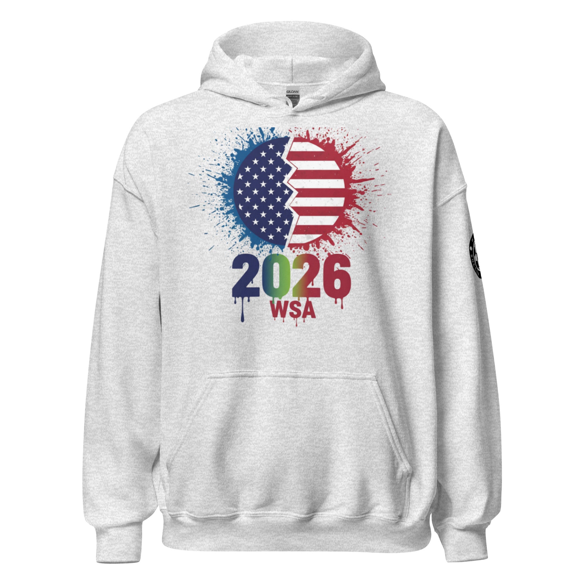 White hoodie with colorful design featuring numbers and letters on a white background