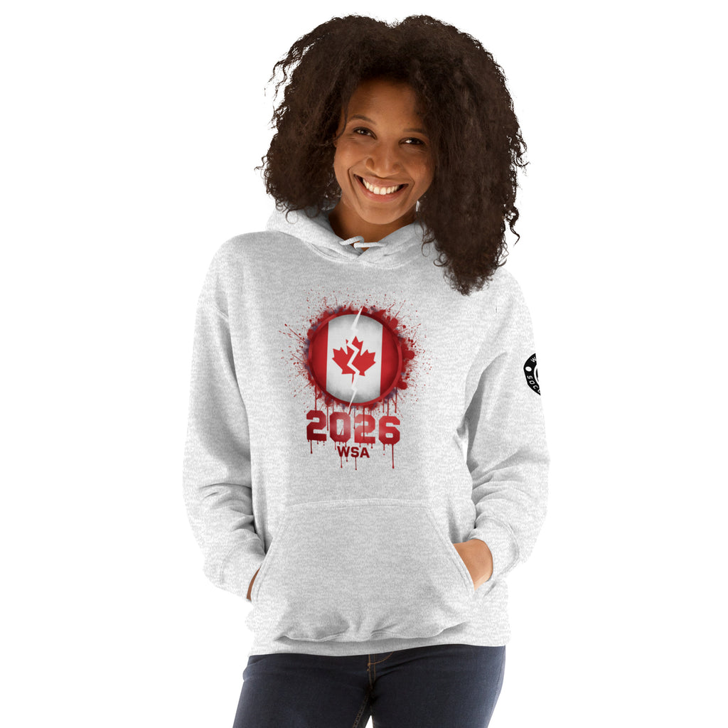 Person wearing a gray hoodie with a red and white design on a white background