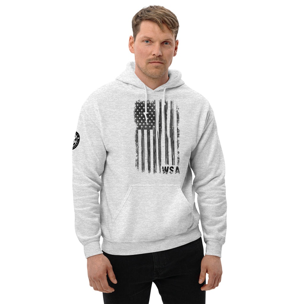 Man wearing a gray hoodie with an American flag design on a white background