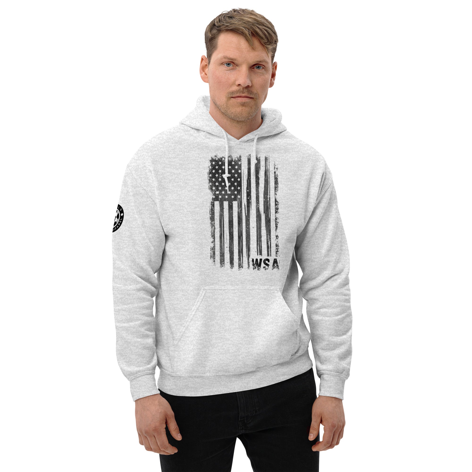 Man wearing a gray hoodie with an American flag design on a white background