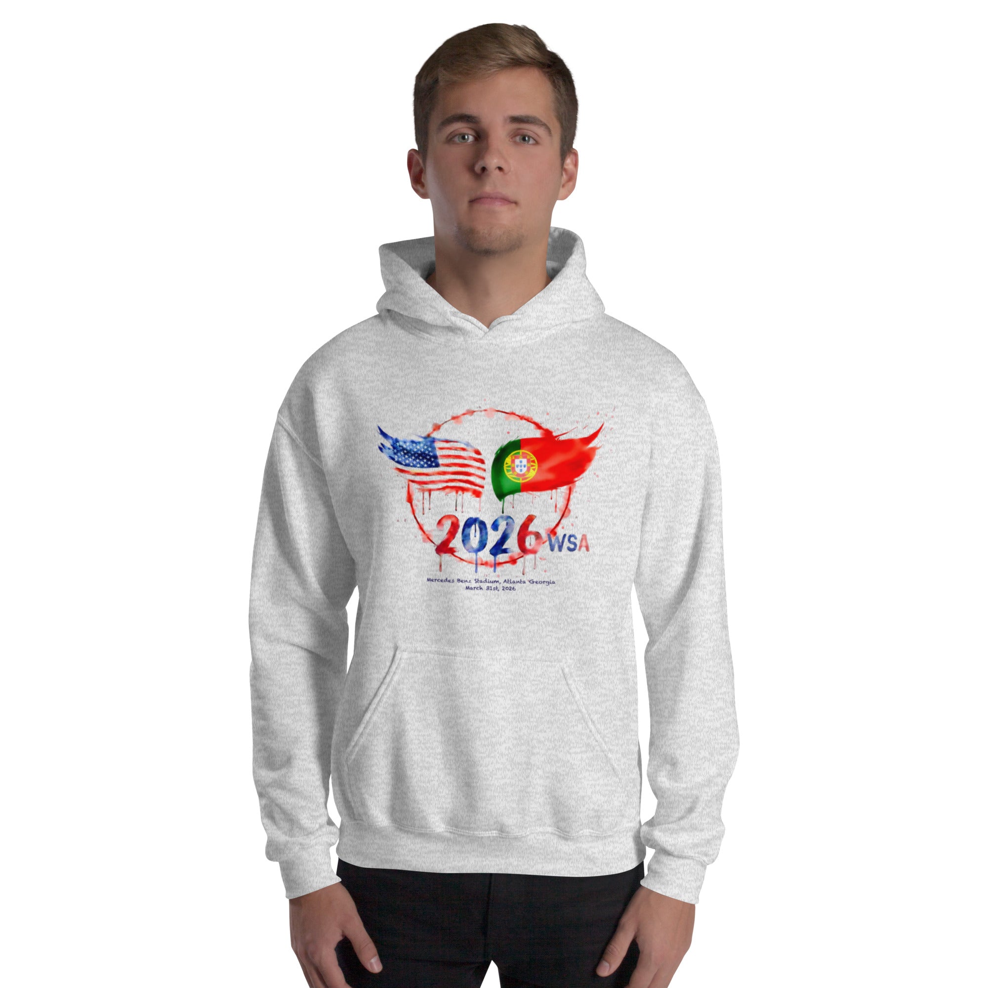 Person wearing a gray hoodie with a design on a white background