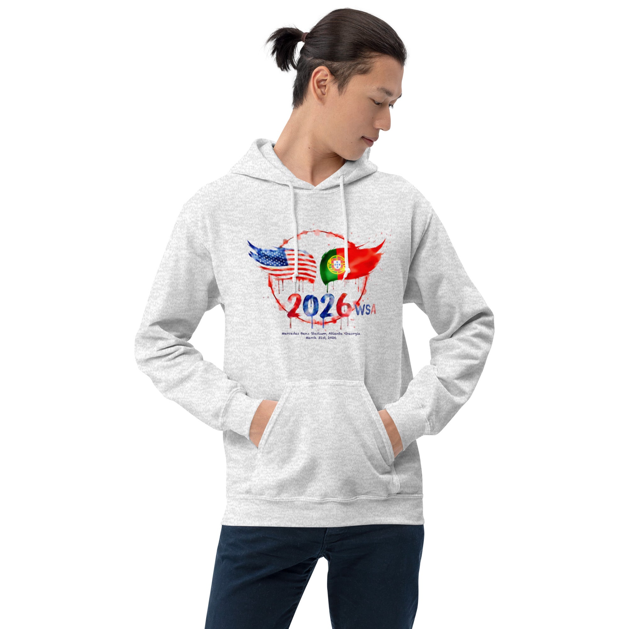 Person wearing a white hoodie with 2026 World Cup design on a white background
