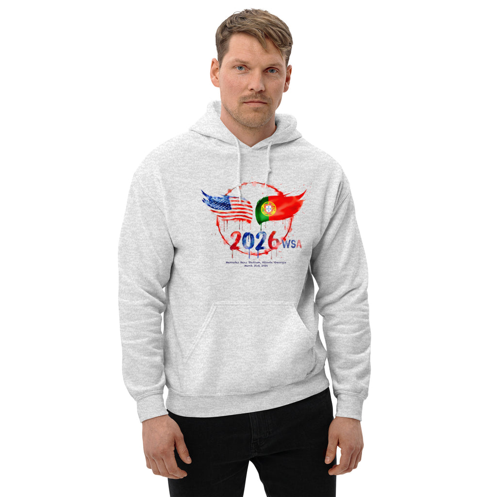 Man wearing a gray hoodie with 2026 WSA design on a white background