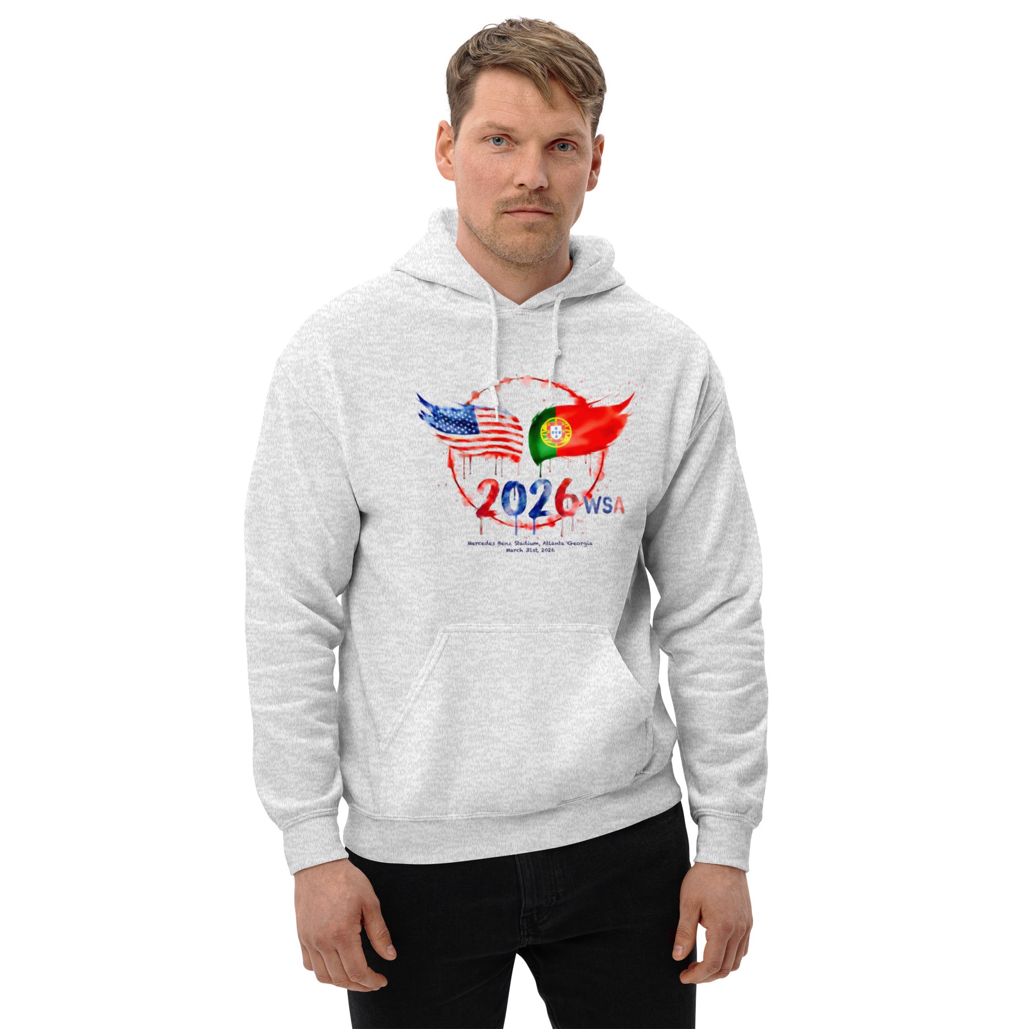 Man wearing a gray hoodie with 2026 WSA design on a white background