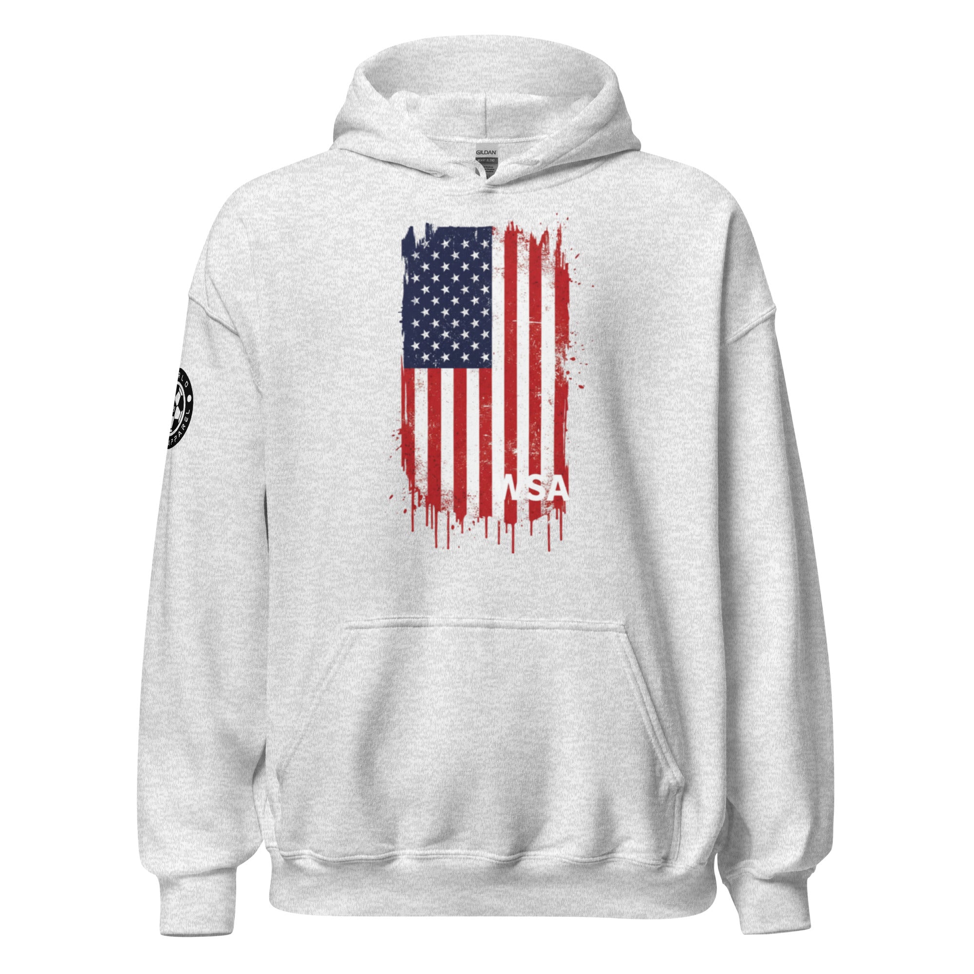 White hoodie with American flag design on a white background