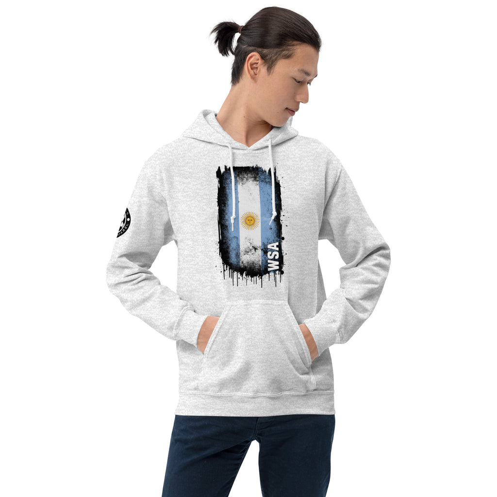 Person wearing a gray hoodie with a graphic design on a white background