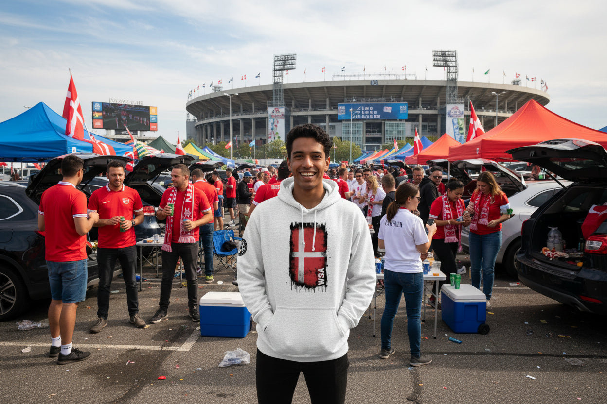 White hoodie with a red and black flag design on the chest against a white background