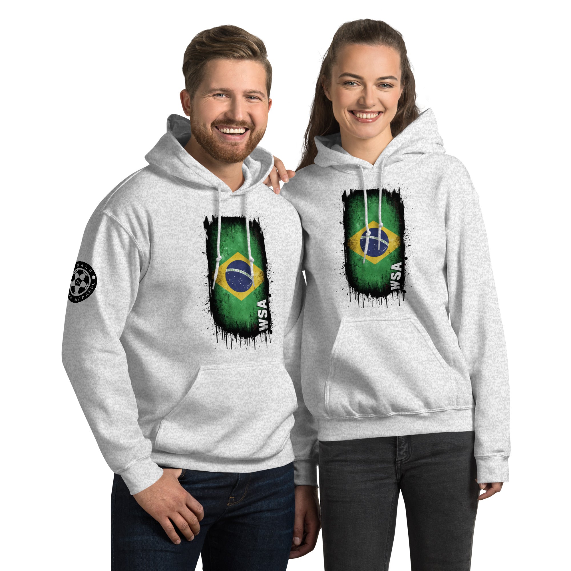 Two people wearing gray hoodies with a Brazilian flag design on a white background