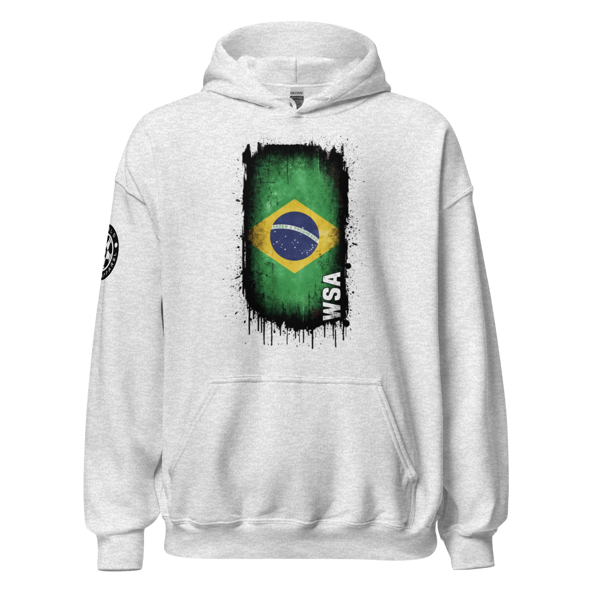 White hoodie with Brazilian flag design on a white background