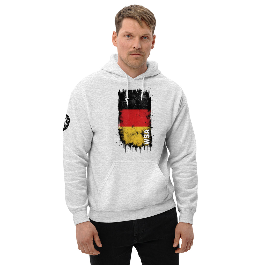 Man wearing a gray hoodie with a German flag design on a white background