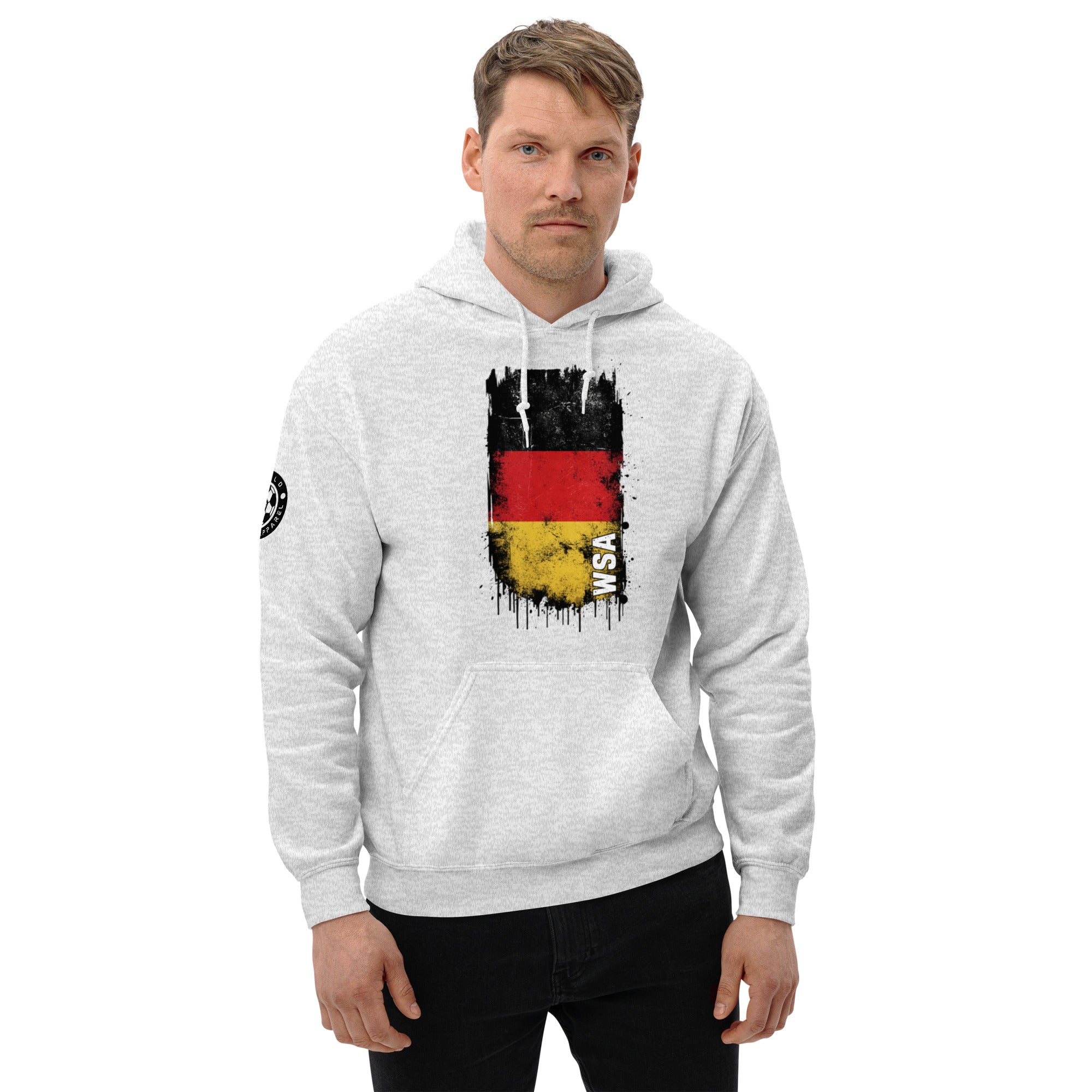 Man wearing a gray hoodie with a German flag design on a white background