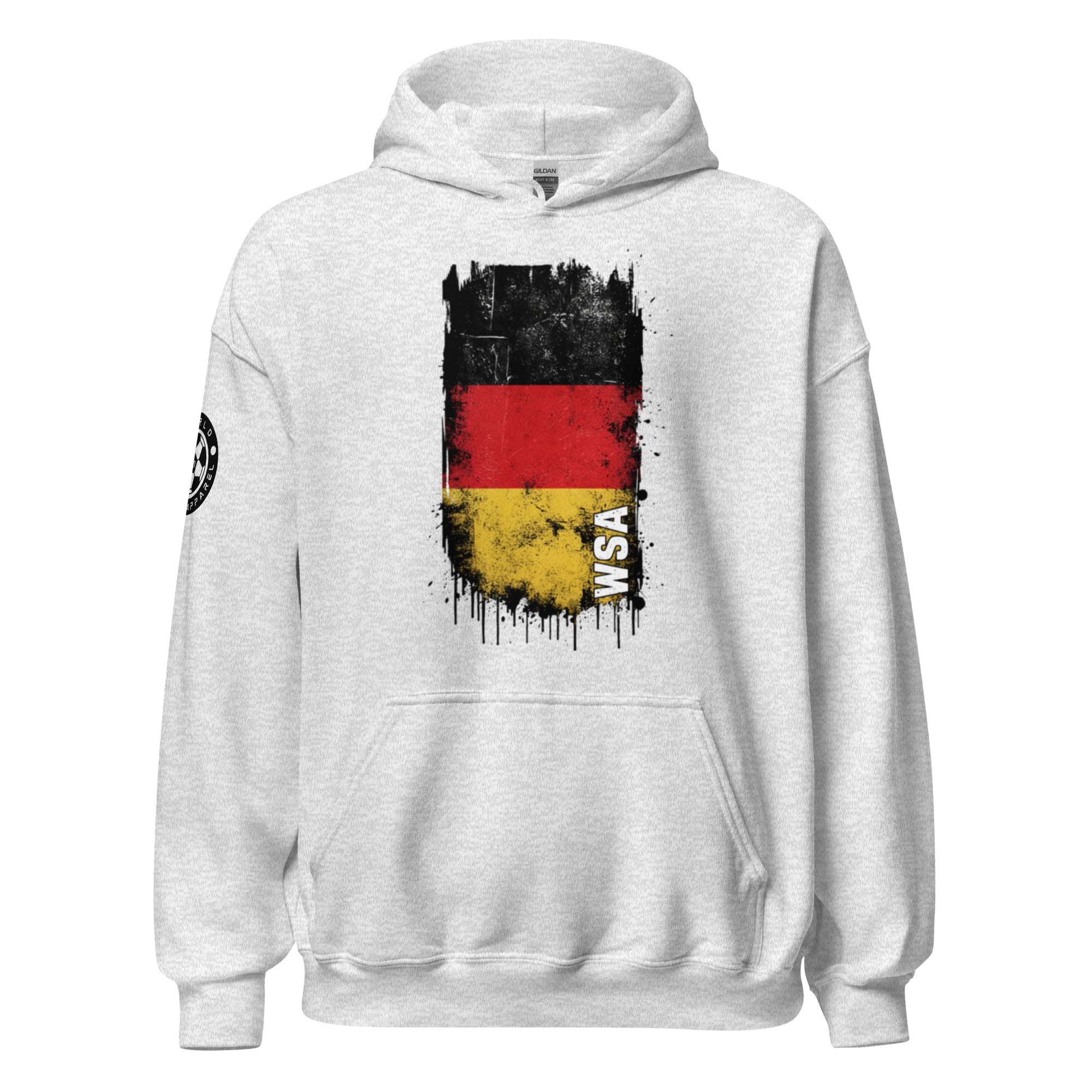 White hoodie with a black, red, and yellow design on the chest against a white background