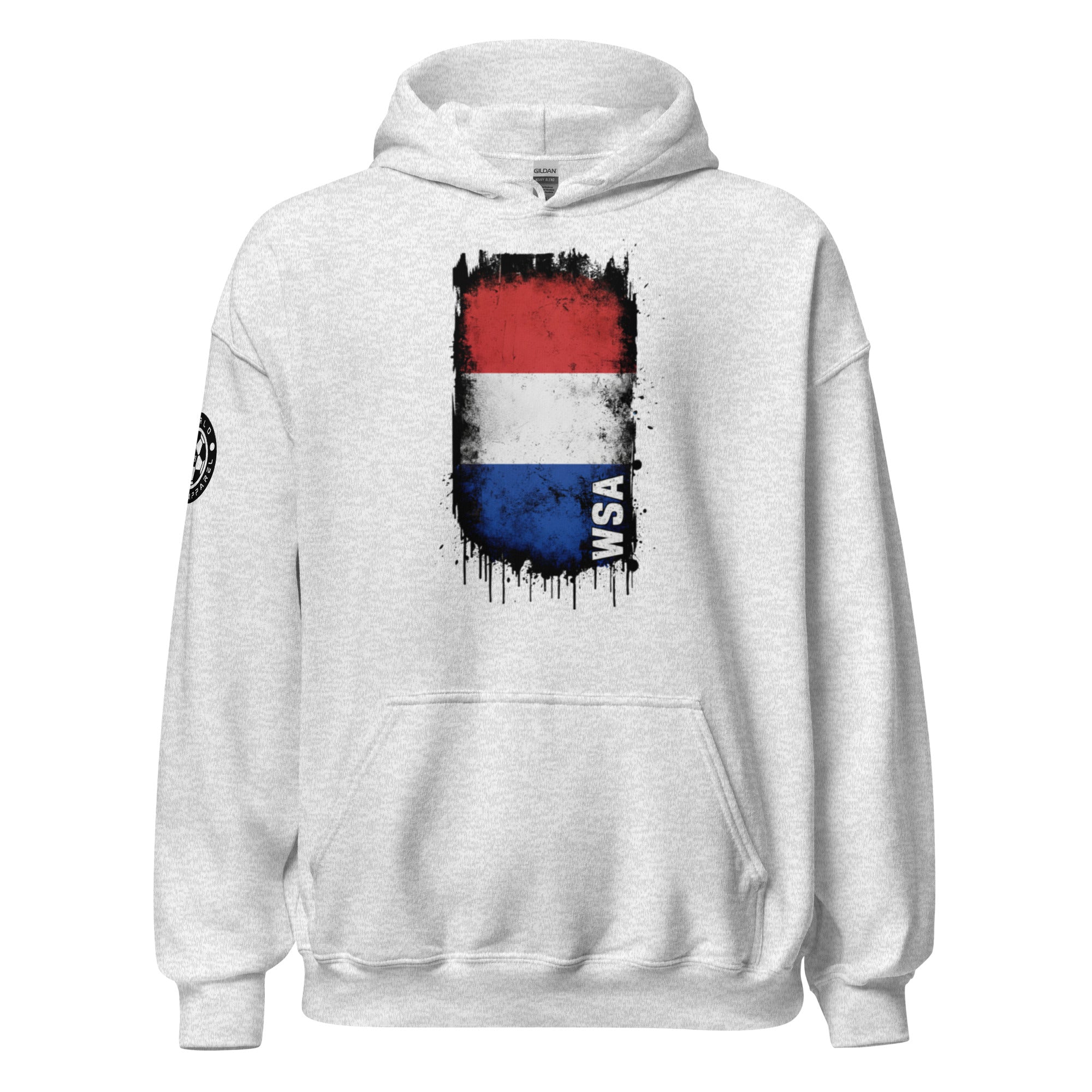 White hoodie with a colorful graphic on the chest against a white background