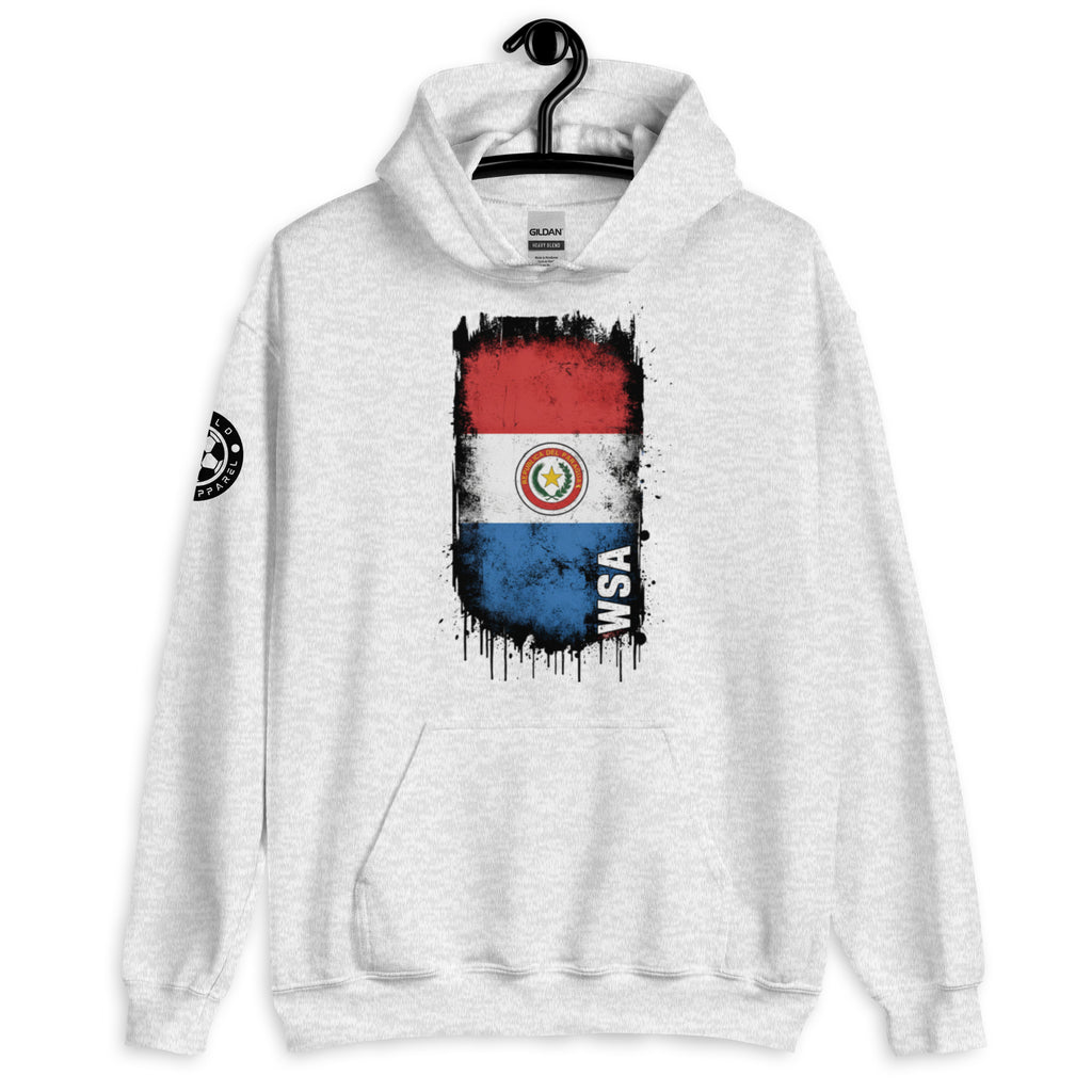 White hoodie with Paraguayan flag design on a hanger