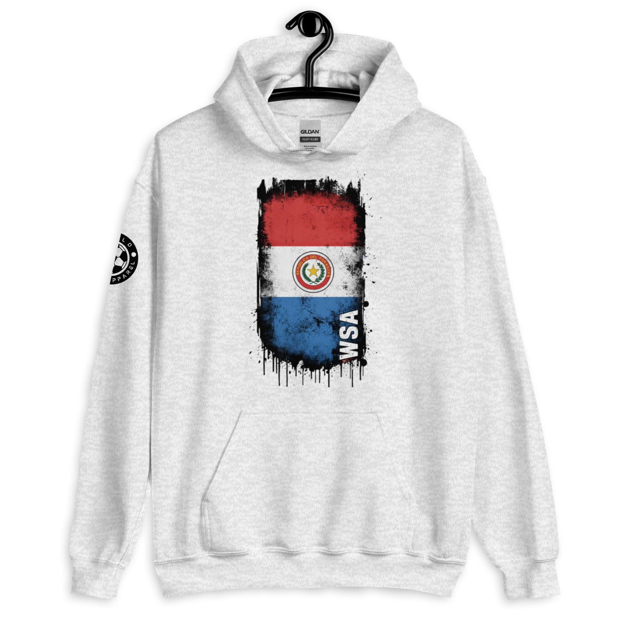 White hoodie with Paraguayan flag design on a hanger