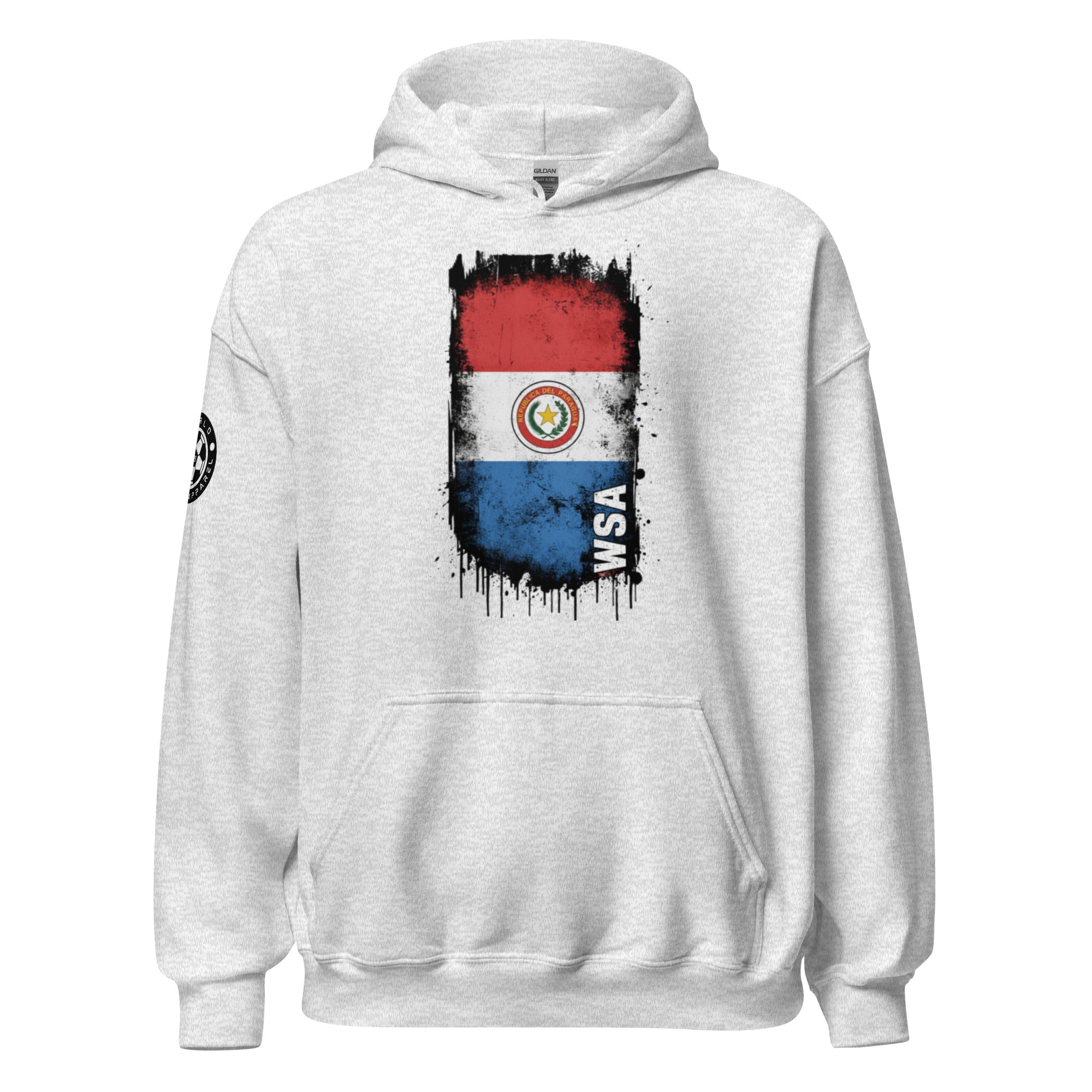 White hoodie with Paraguayan flag design on a white background