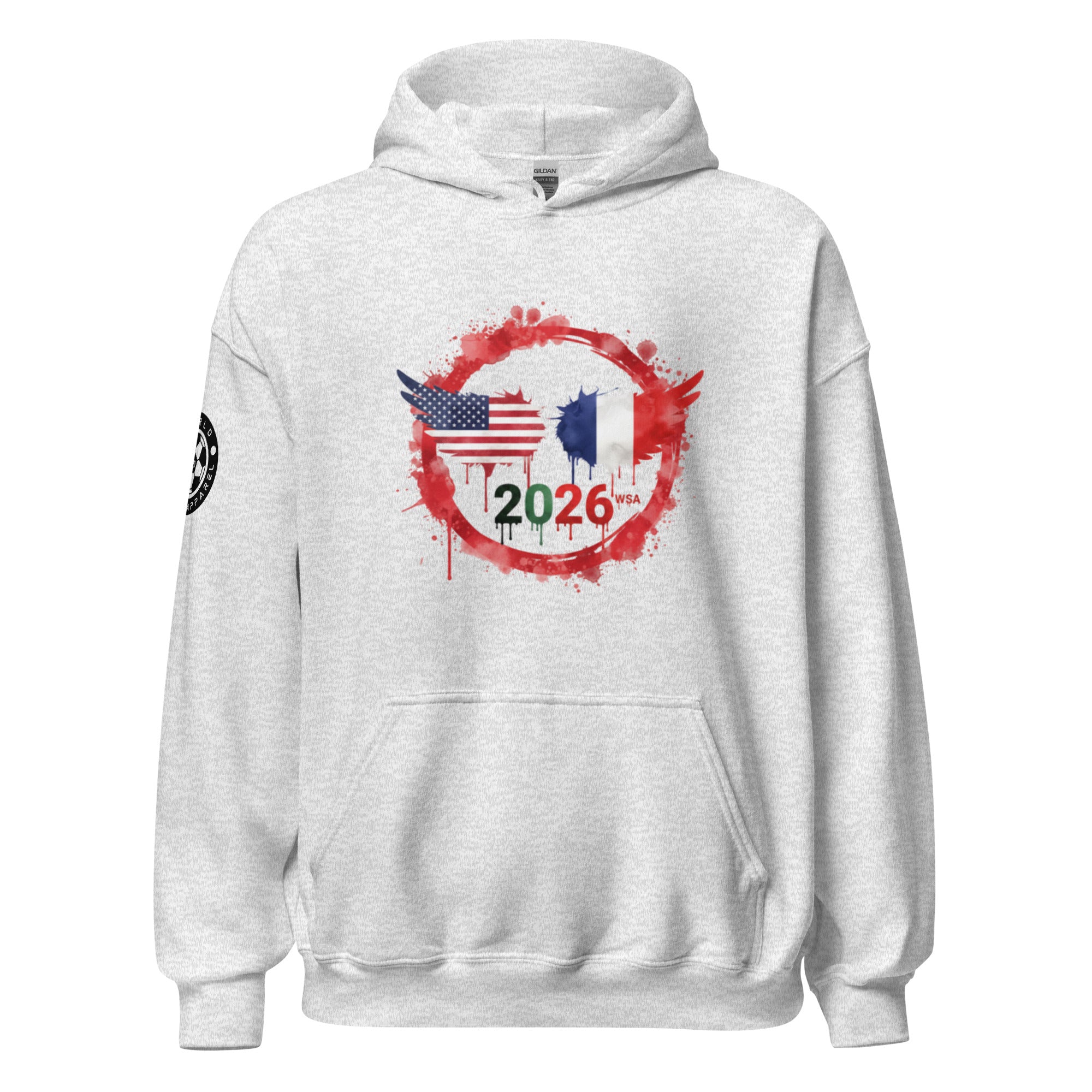 White hoodie with 2026 World Cup design on a white background