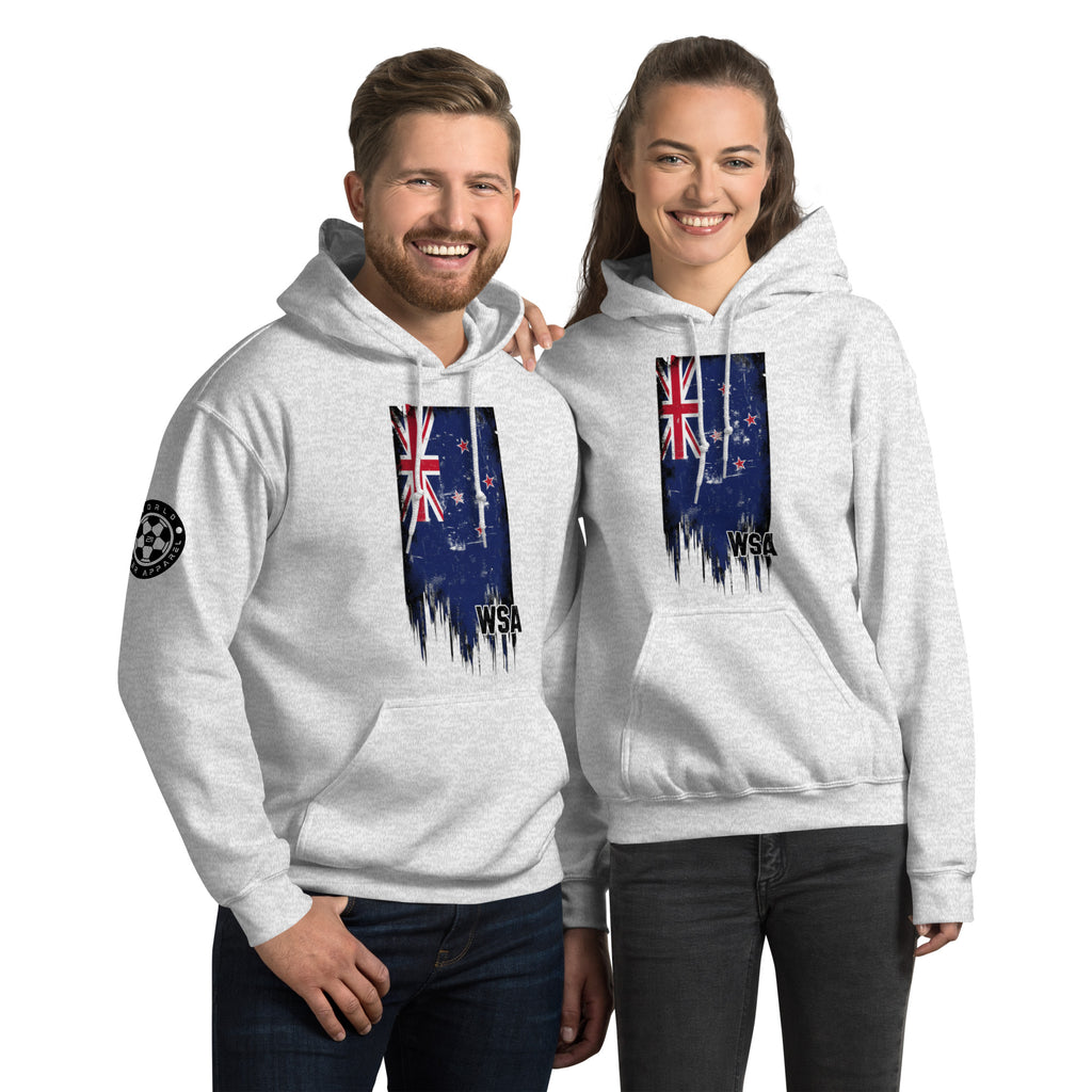 Two people wearing gray hoodies with a design of a flag and 'WSA' text on a white background.