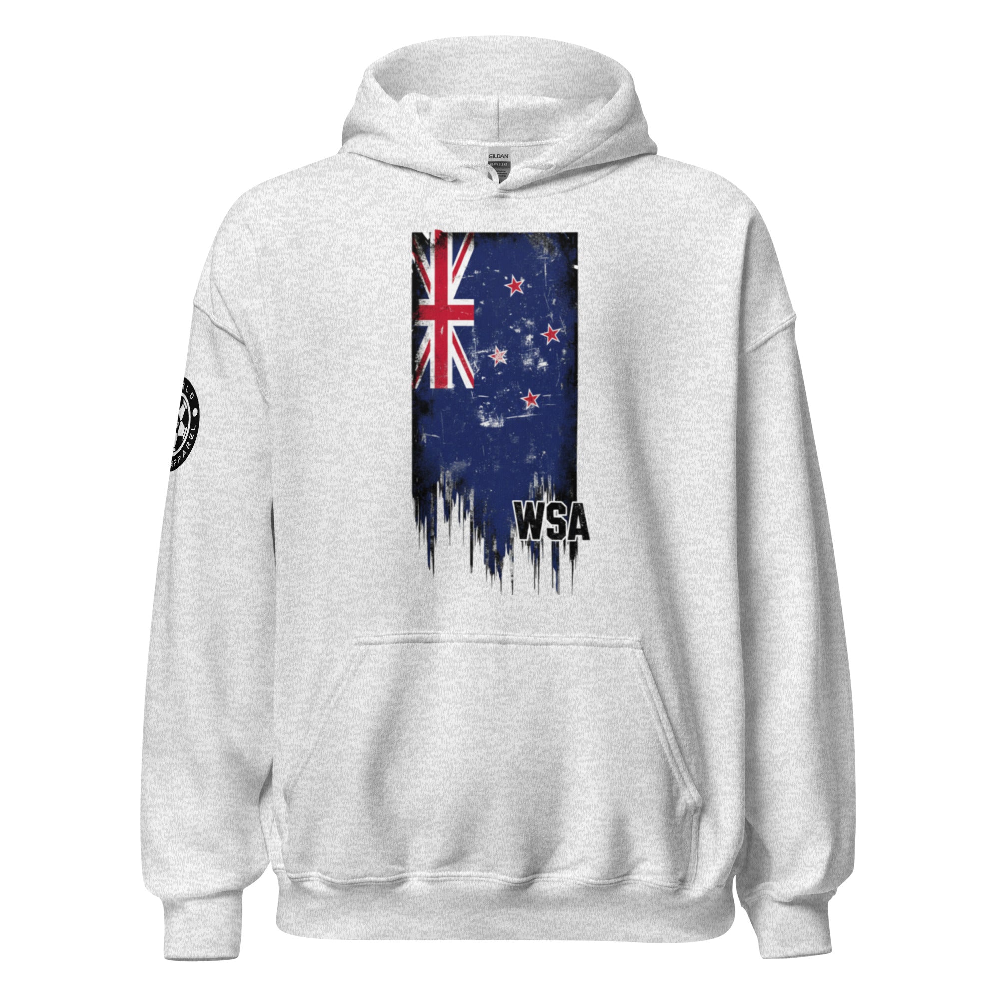 White hoodie with New Zealand flag design on a white background