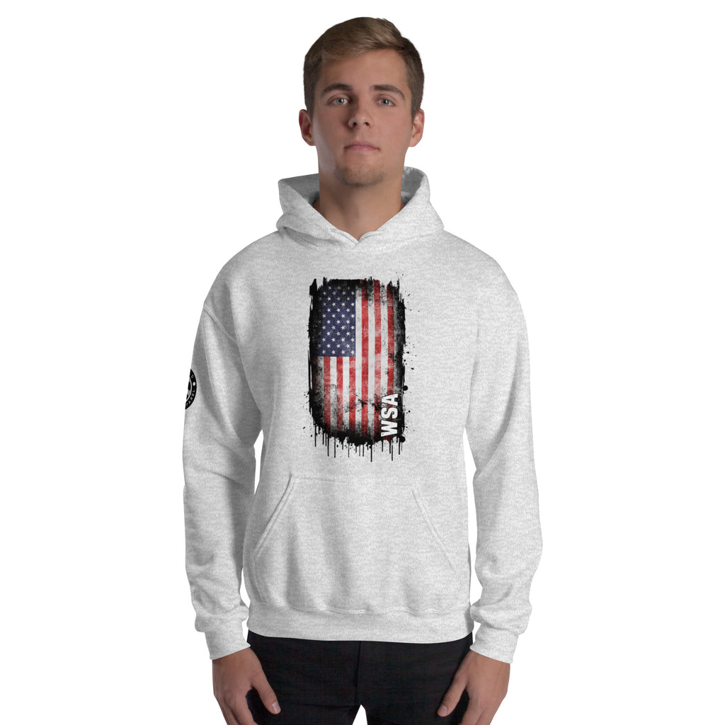 Person wearing a white hoodie with an American flag design on a white background