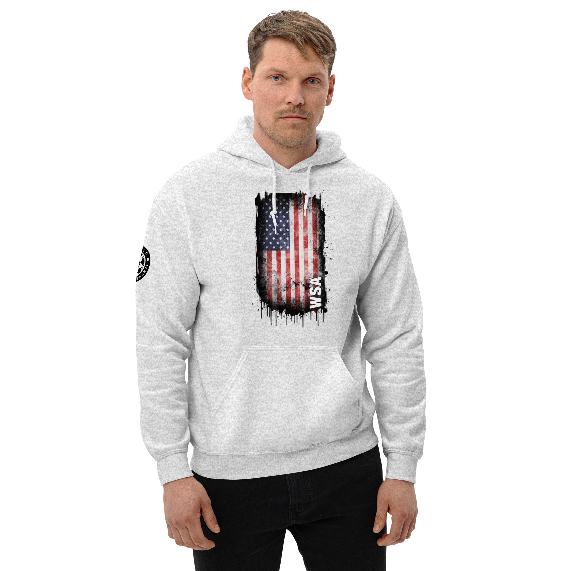 Man wearing a gray hoodie with an American flag design on a white background