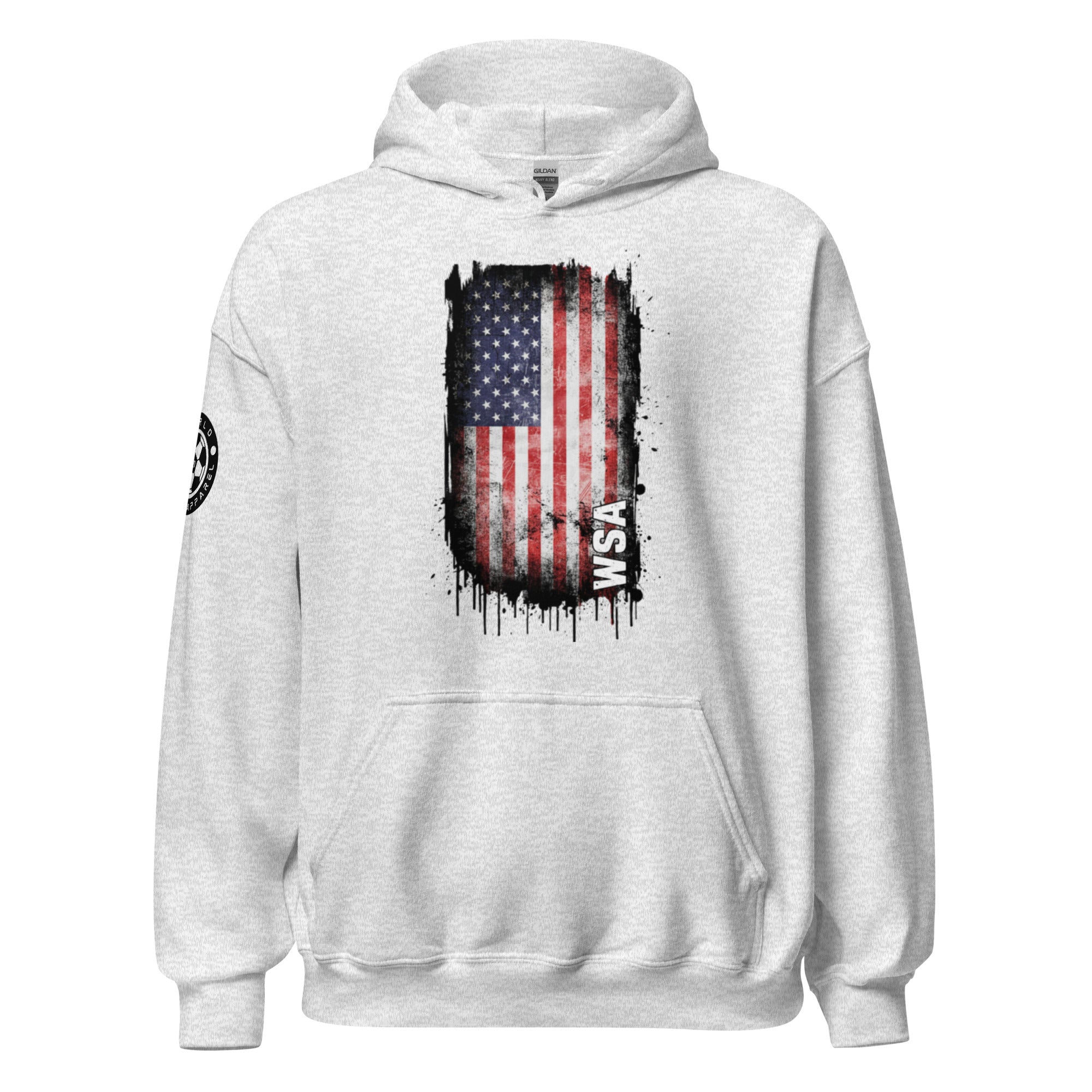 White hoodie with American flag design on a white background