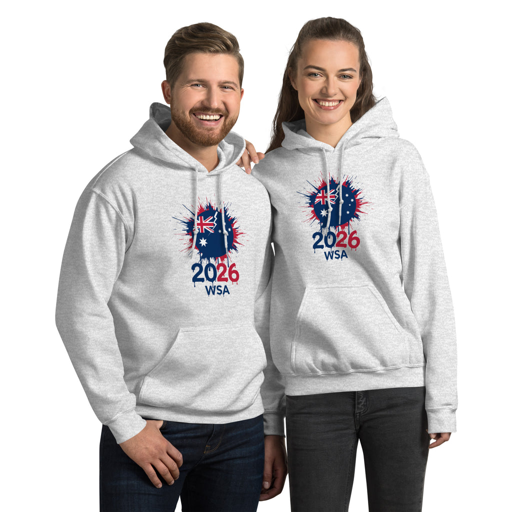 Two people wearing gray hoodies with 2026 WSA designs on a white background