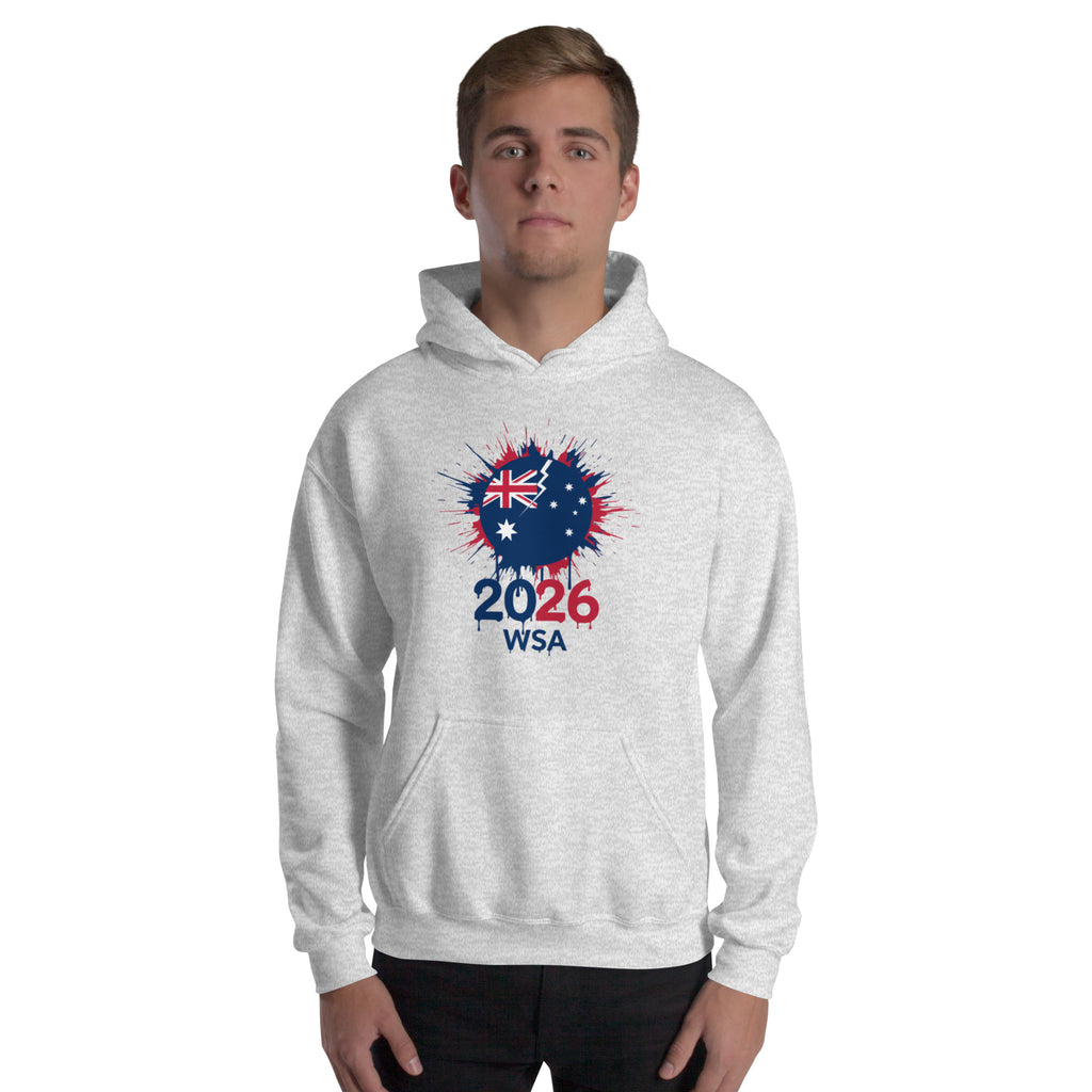 Person wearing a gray hoodie with a design featuring the number 2026 and text on a white background