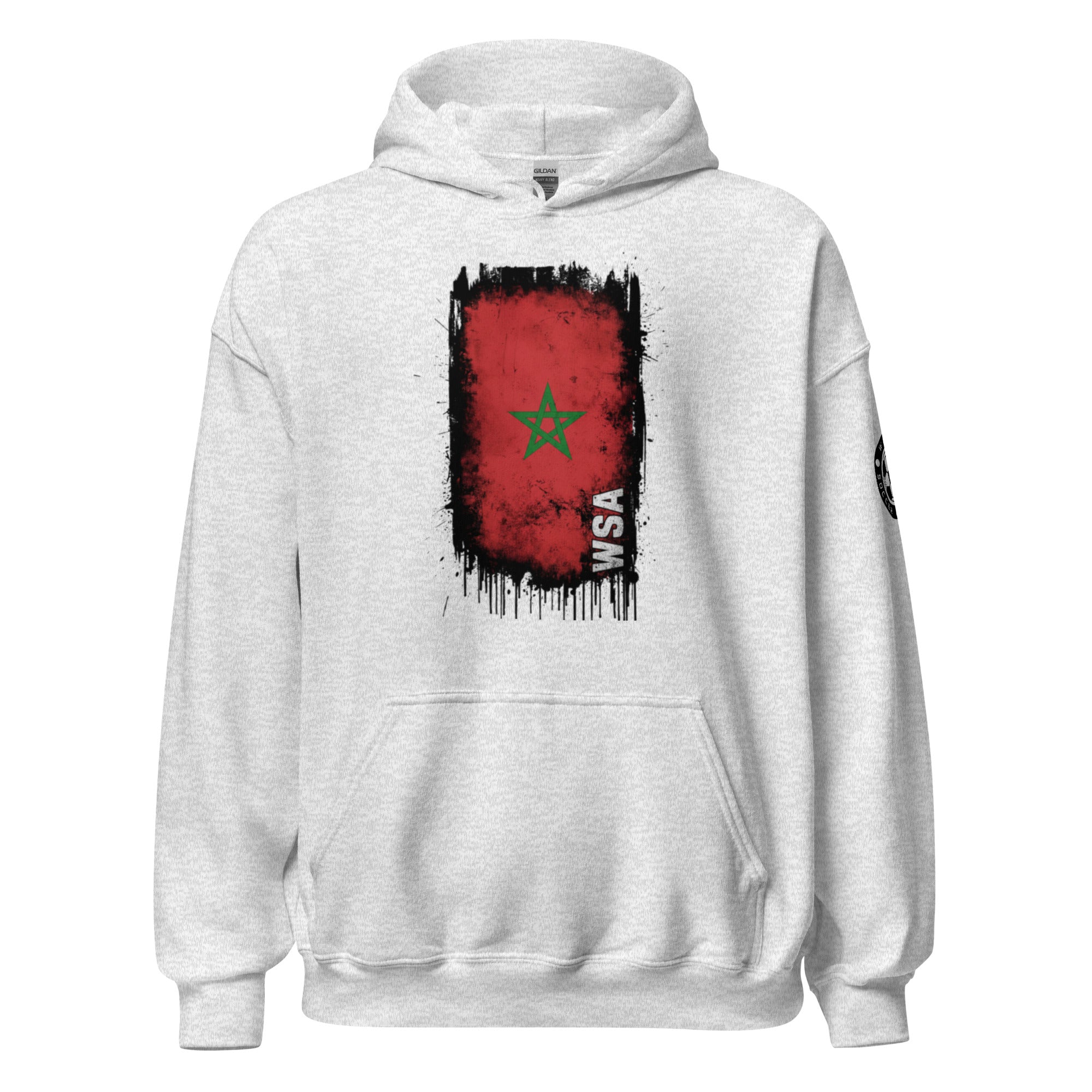 White hoodie with a red and black graphic design on a white background
