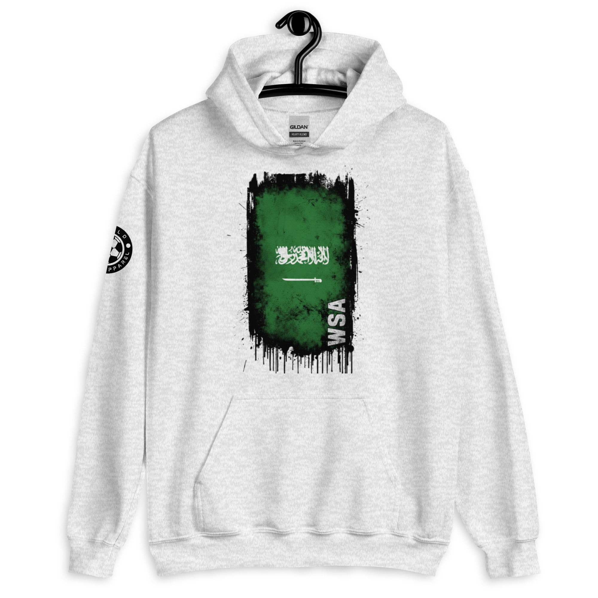 White hoodie with green graphic and 'WSA' logo on a hanger against a white background