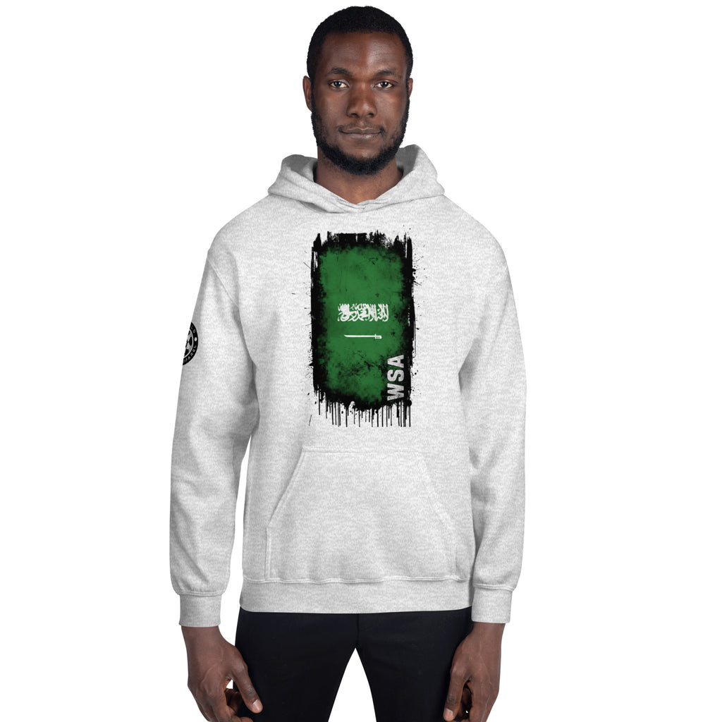 Man wearing a gray hoodie with a green and black graphic design on a white background