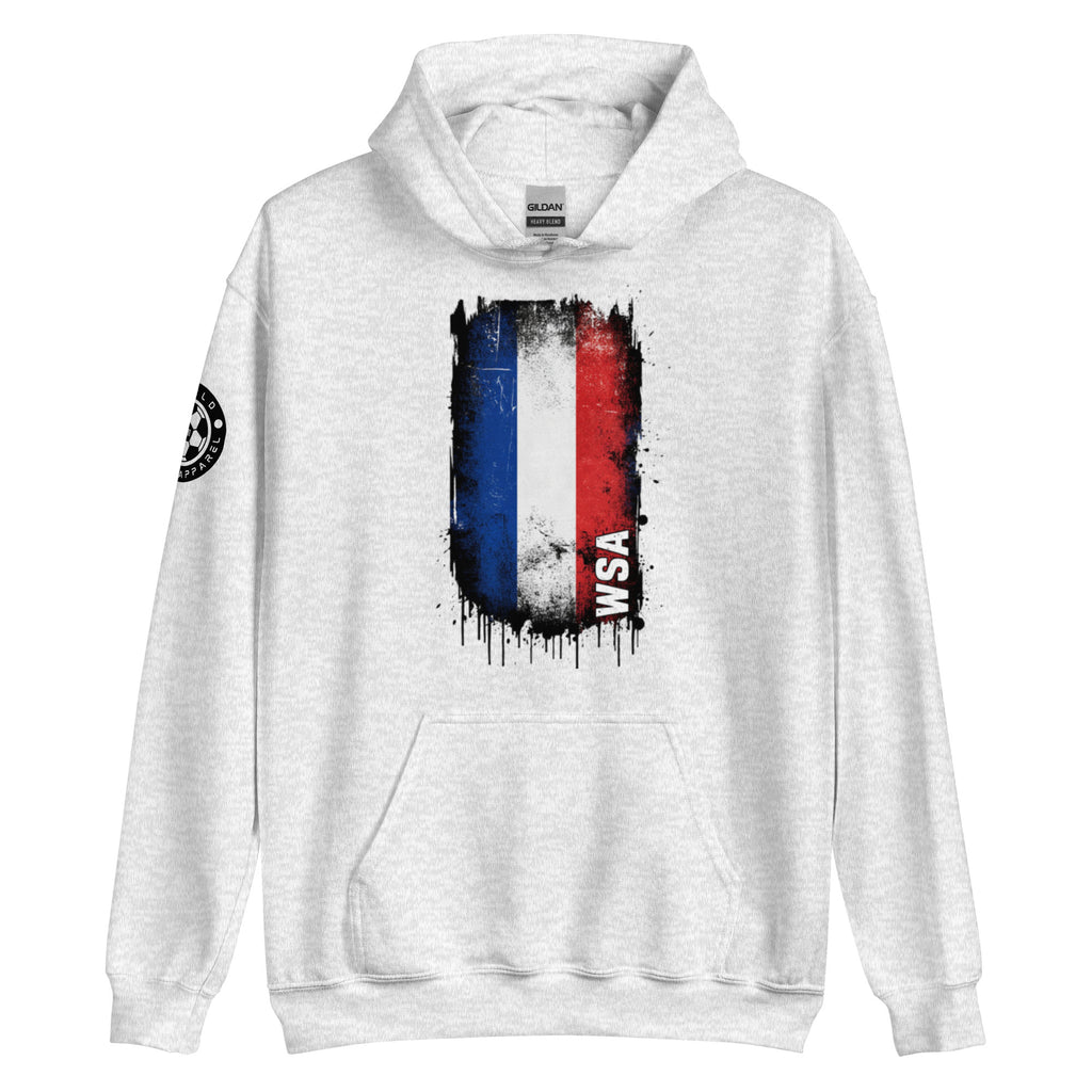 White hoodie with a colorful graphic design on a white background