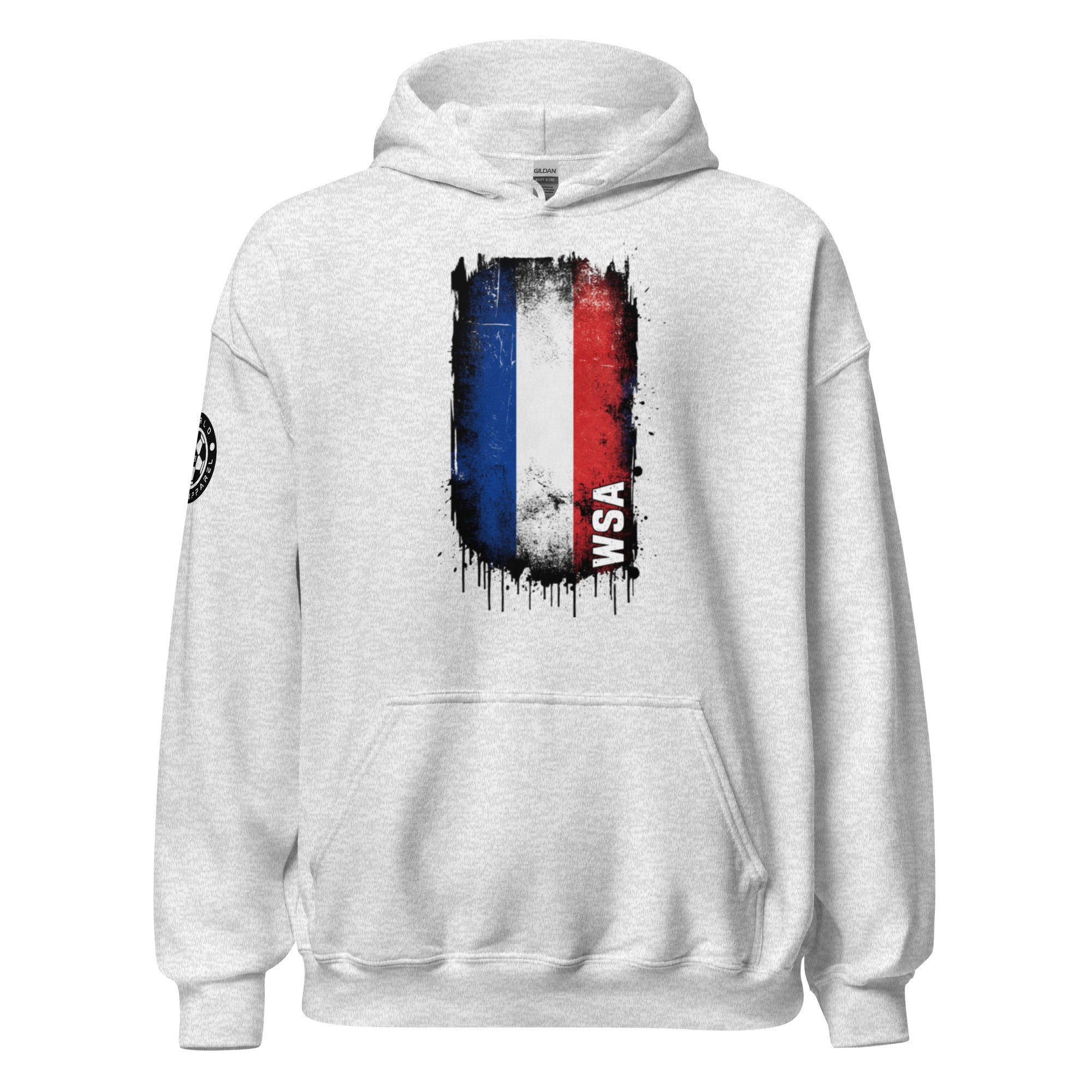 White hoodie with a colorful graphic design on a white background